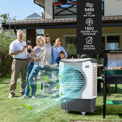 4-in-1 Industrial Evaporative Air Cooler Fan with 12 Gallon Tank and Wheels, Gray