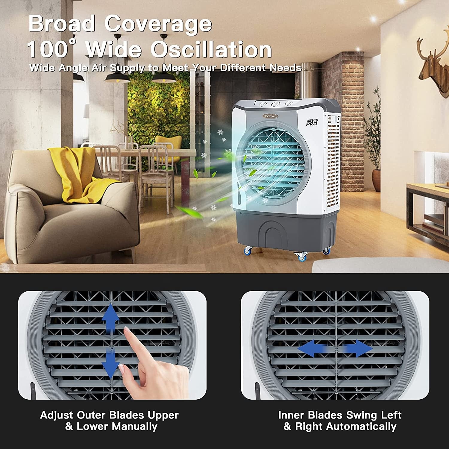 4-in-1 Industrial Evaporative Air Cooler Fan with 12 Gallon Tank and Wheels, Gray Air Coolers at Gallery Canada