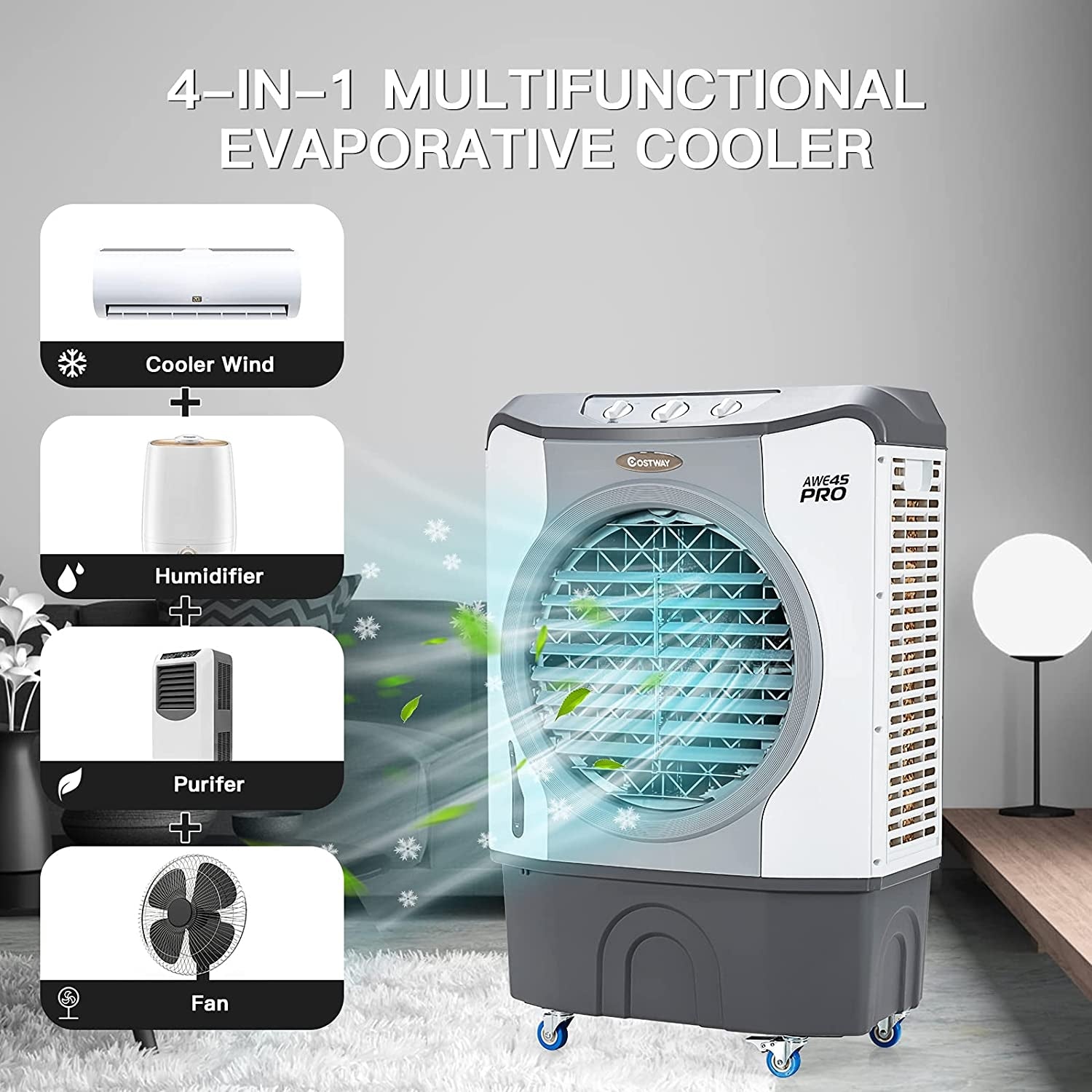 4-in-1 Industrial Evaporative Air Cooler Fan with 12 Gallon Tank and Wheels, Gray Air Coolers at Gallery Canada