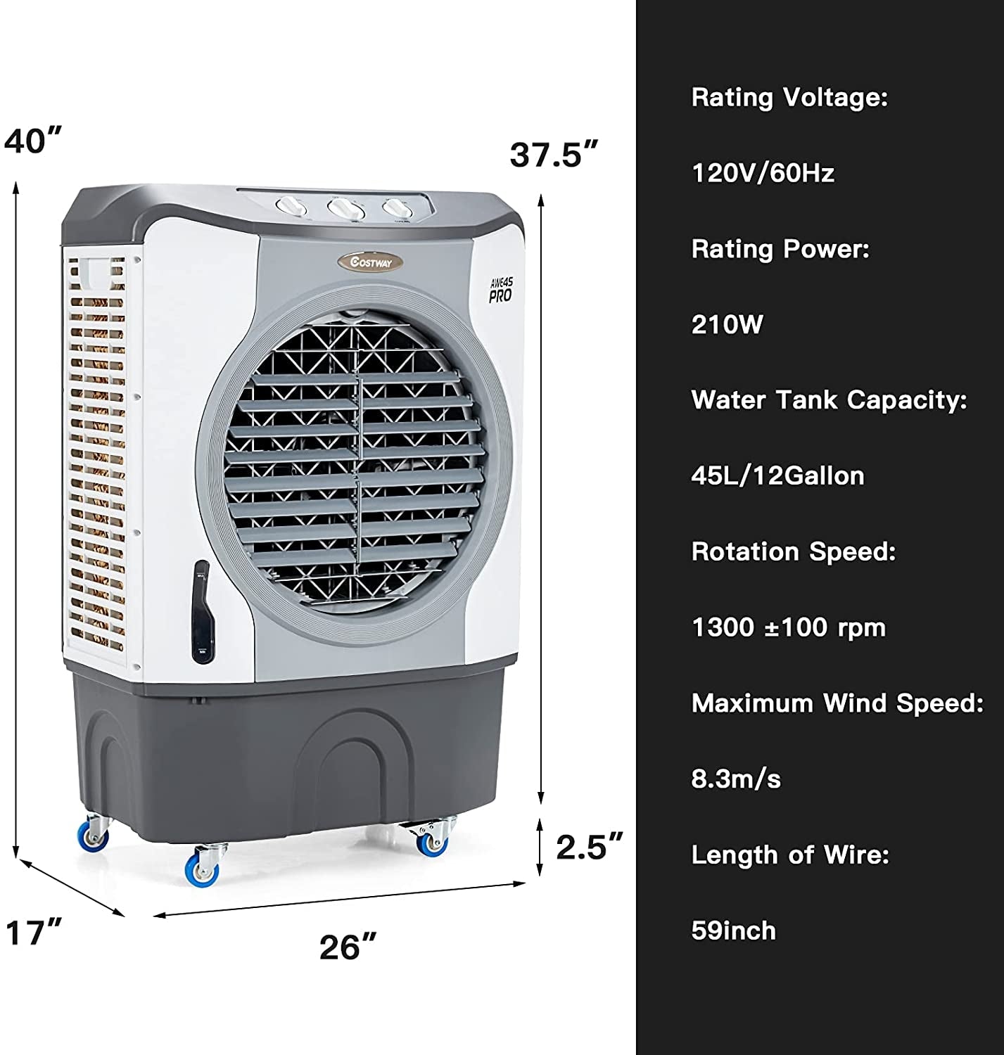 4-in-1 Industrial Evaporative Air Cooler Fan with 12 Gallon Tank and Wheels, Gray Air Coolers at Gallery Canada