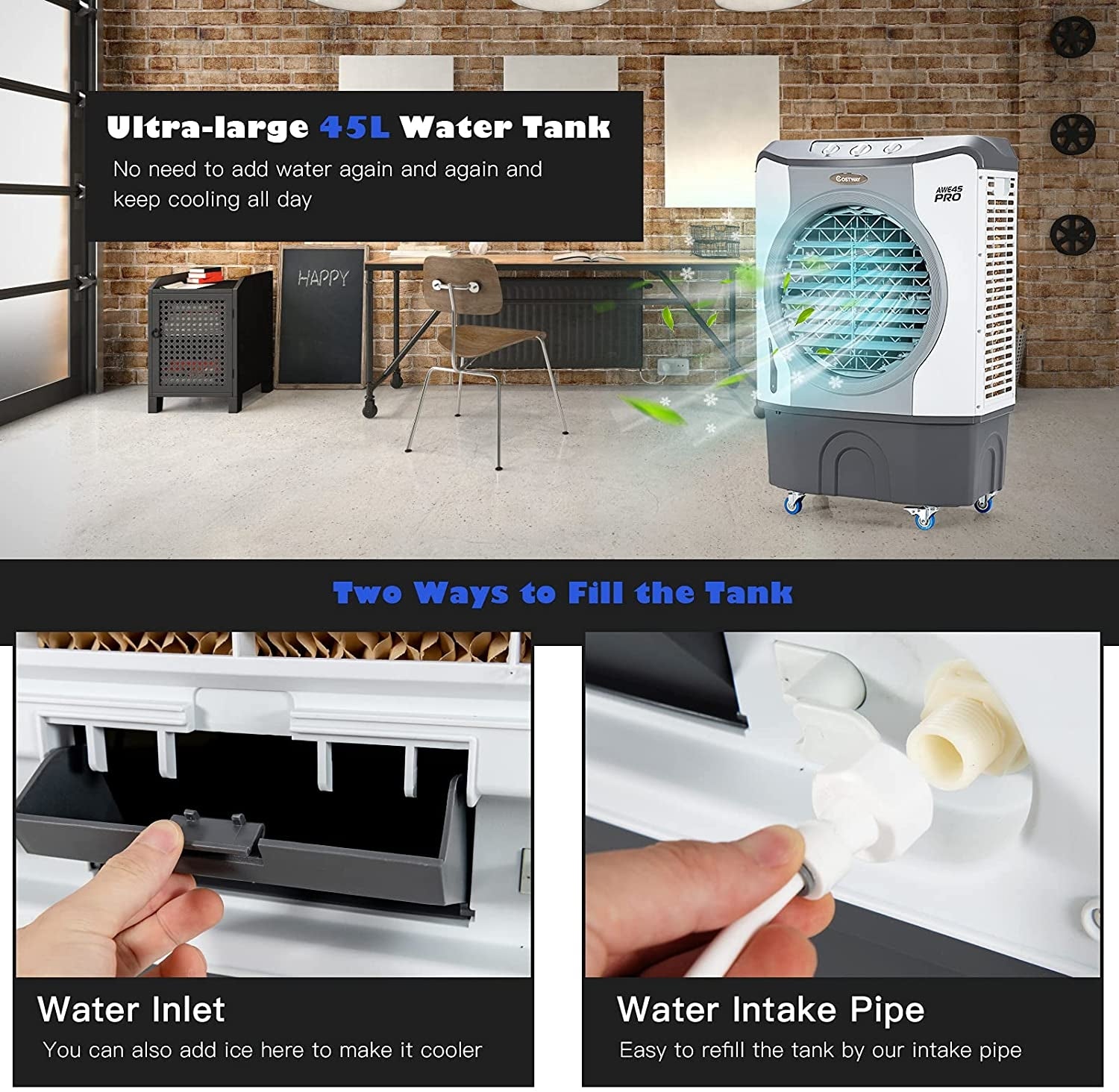 4-in-1 Industrial Evaporative Air Cooler Fan with 12 Gallon Tank and Wheels, Gray Air Coolers at Gallery Canada