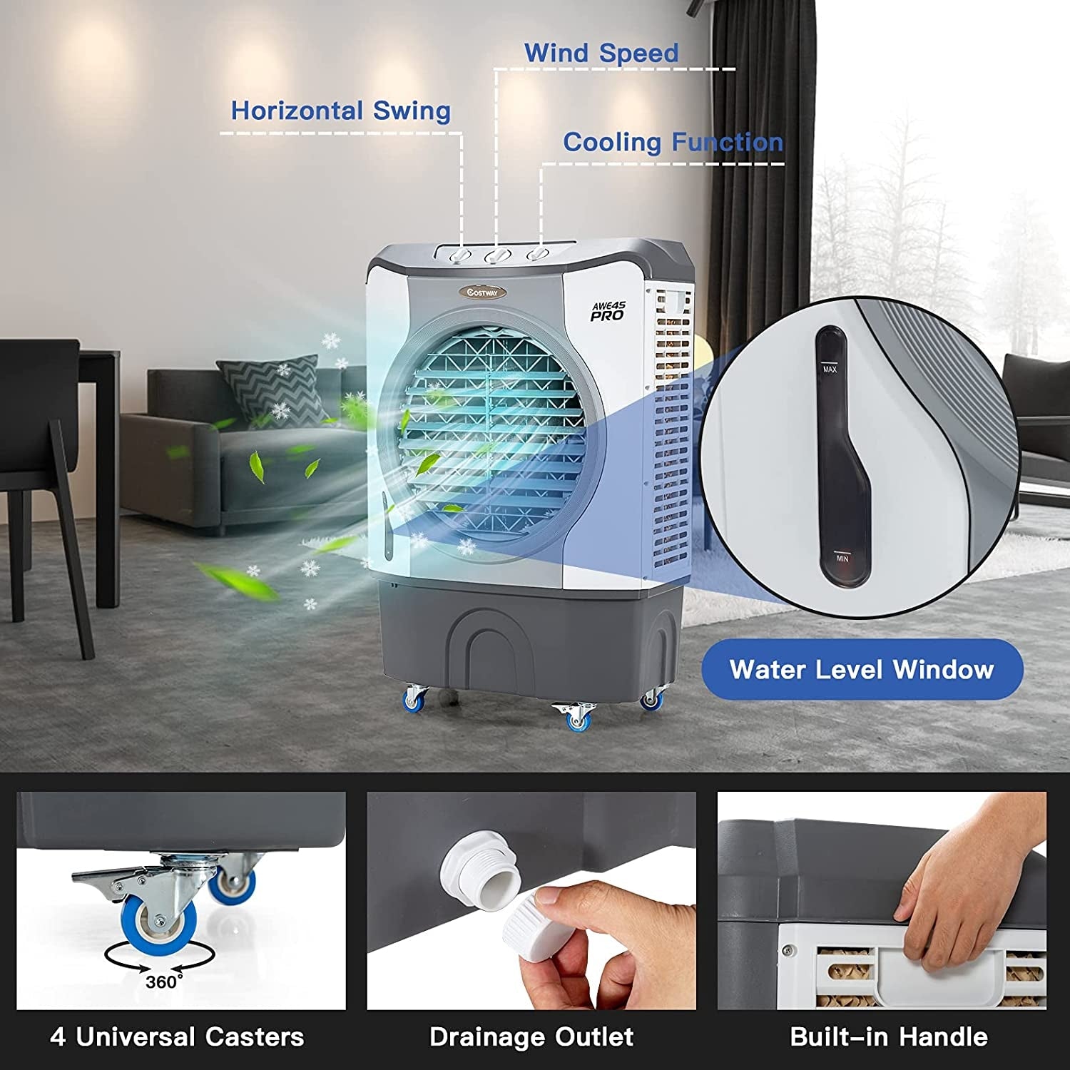4-in-1 Industrial Evaporative Air Cooler Fan with 12 Gallon Tank and Wheels, Gray Air Coolers at Gallery Canada