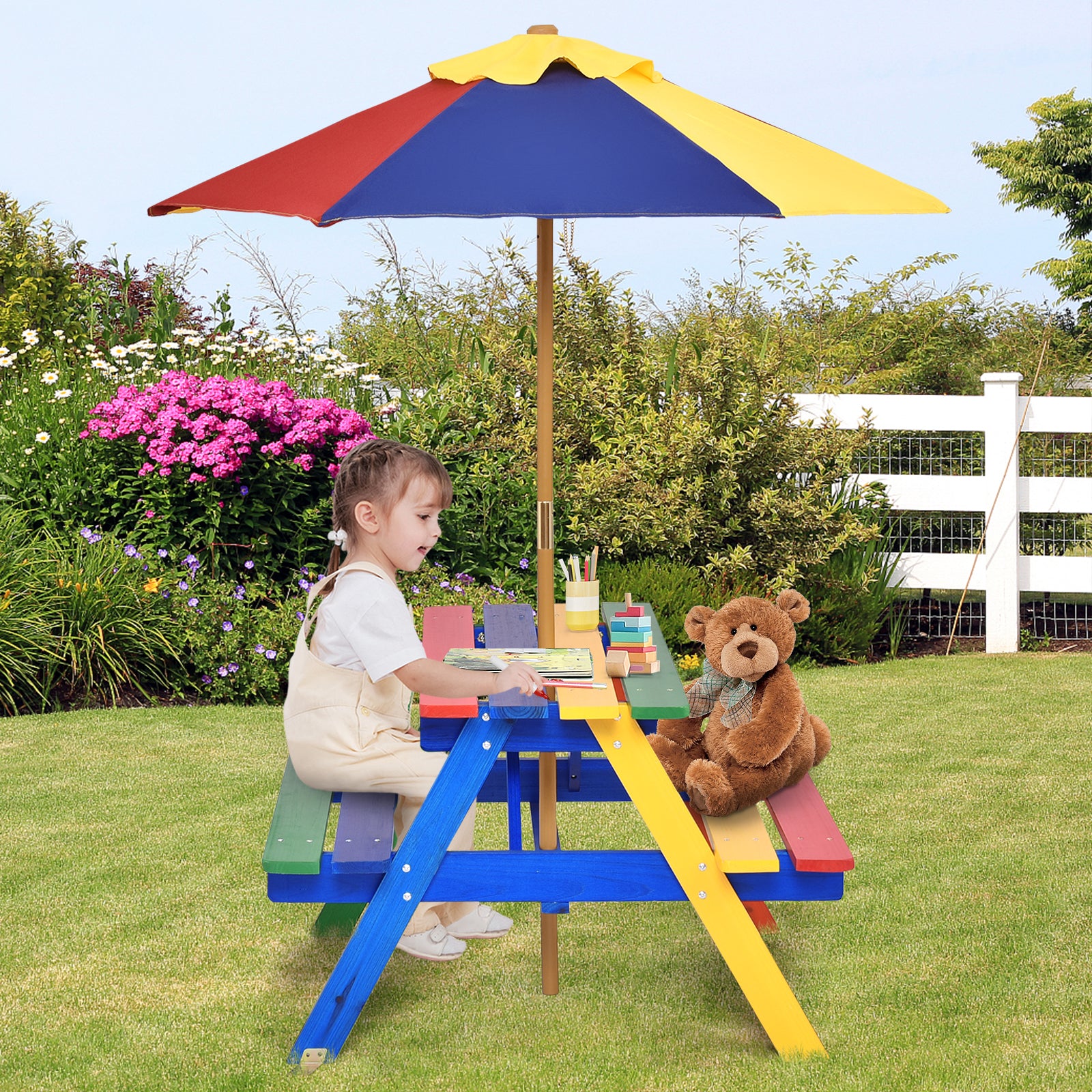 4 Seat Kids Picnic Table with Umbrella, Multicolor Kids Table & Chair Sets at Gallery Canada