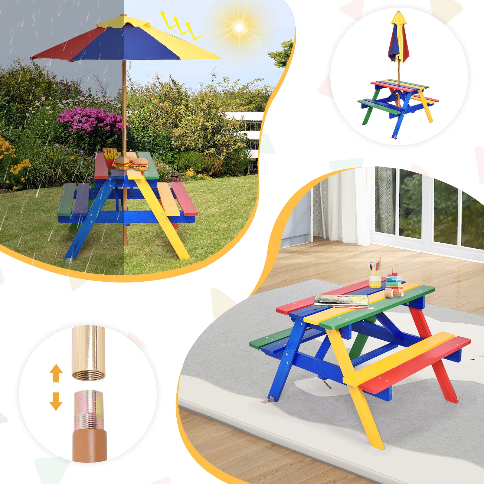 4 Seat Kids Picnic Table with Umbrella, Multicolor Kids Table & Chair Sets at Gallery Canada