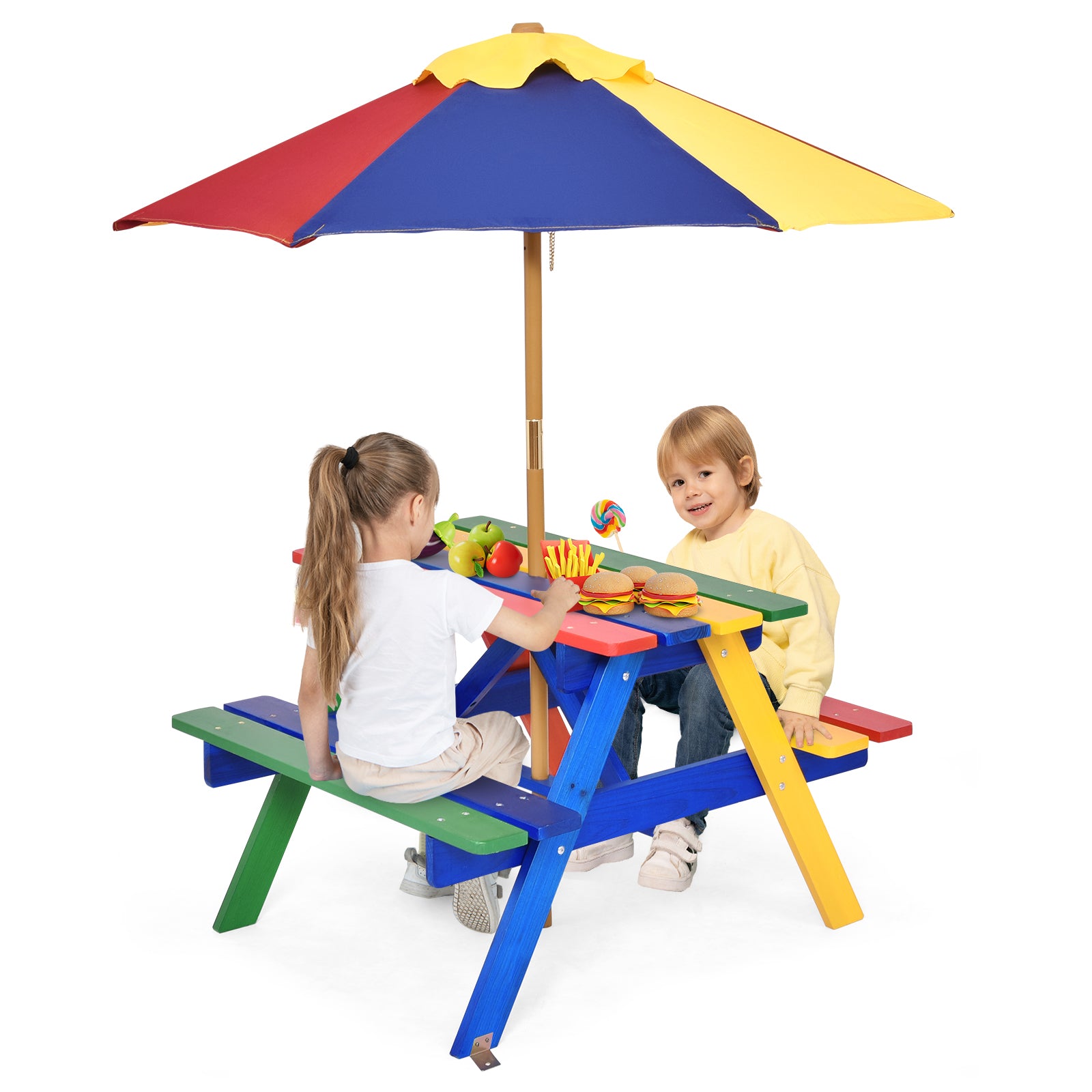 4 Seat Kids Picnic Table with Umbrella, Multicolor Kids Table & Chair Sets at Gallery Canada