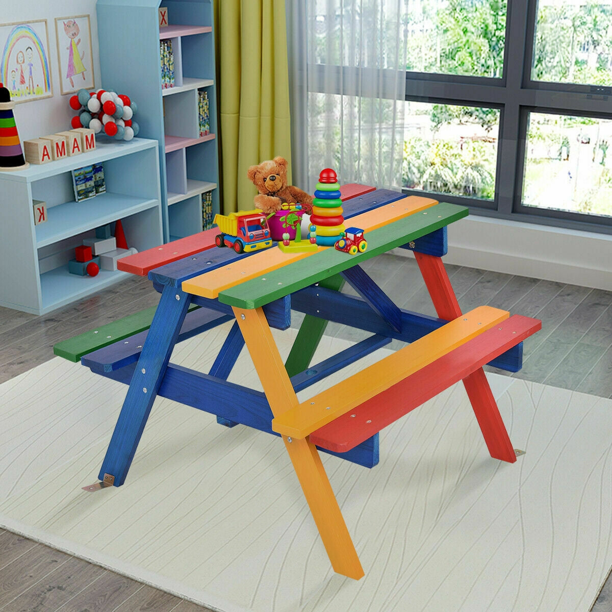 4 Seat Kids Picnic Table with Umbrella, Multicolor Kids Table & Chair Sets at Gallery Canada