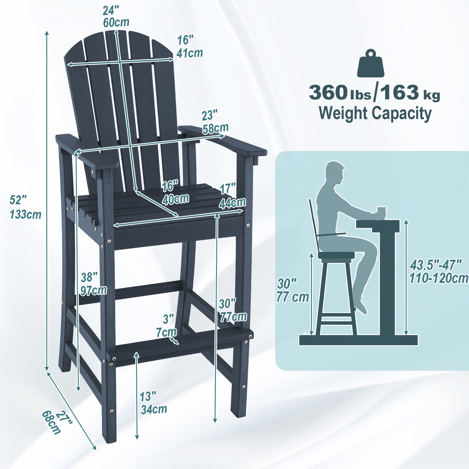 30 Inches Counter Height Outdoor HDPE Bar Stool with Armrests and Footrest, Navy Patio Bar Furniture   at Gallery Canada