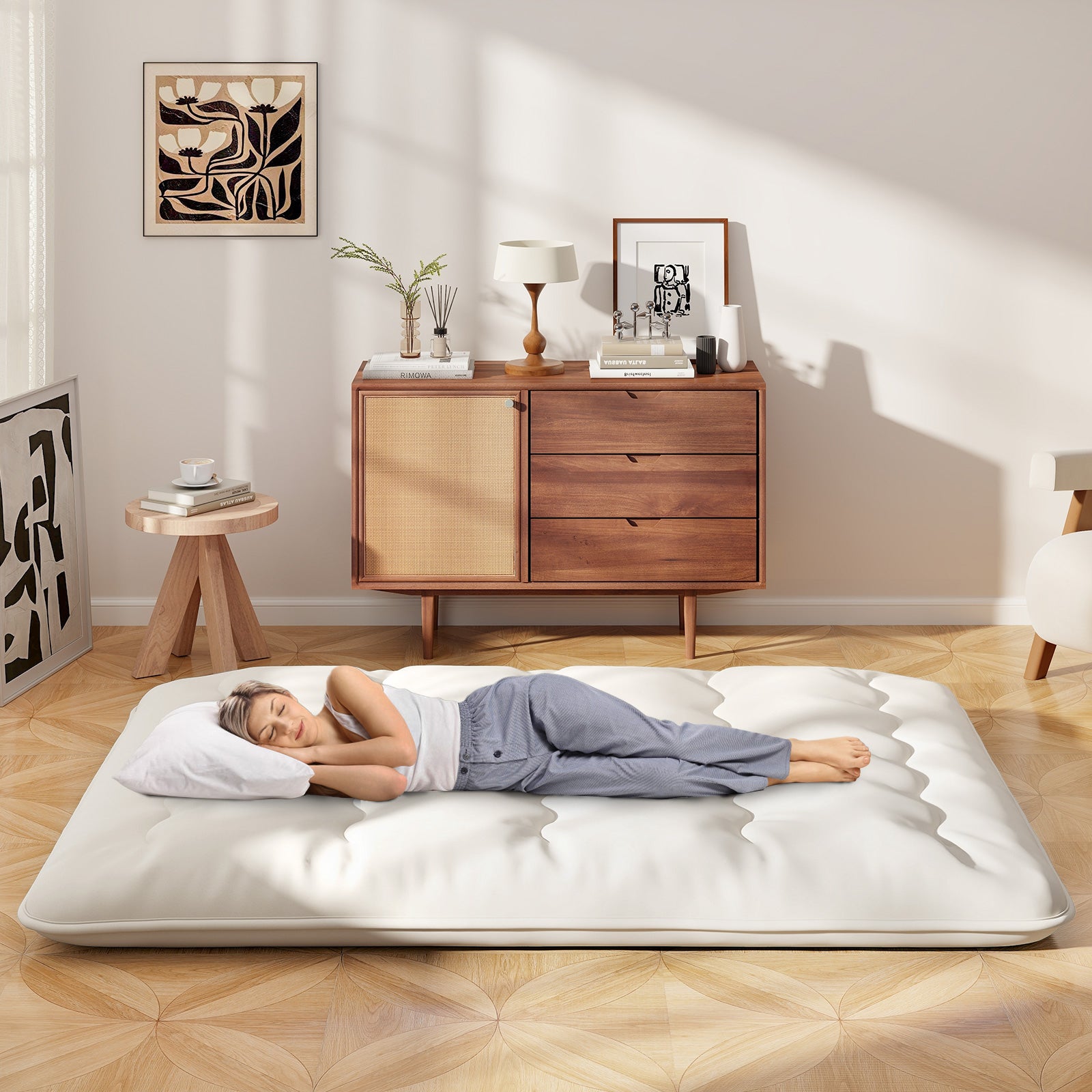 Queen/King/Twin/Full Futon Mattress Floor Sleeping Pad with Washable Cover Beige-Queen Size, Beige Mattresses at Gallery Canada