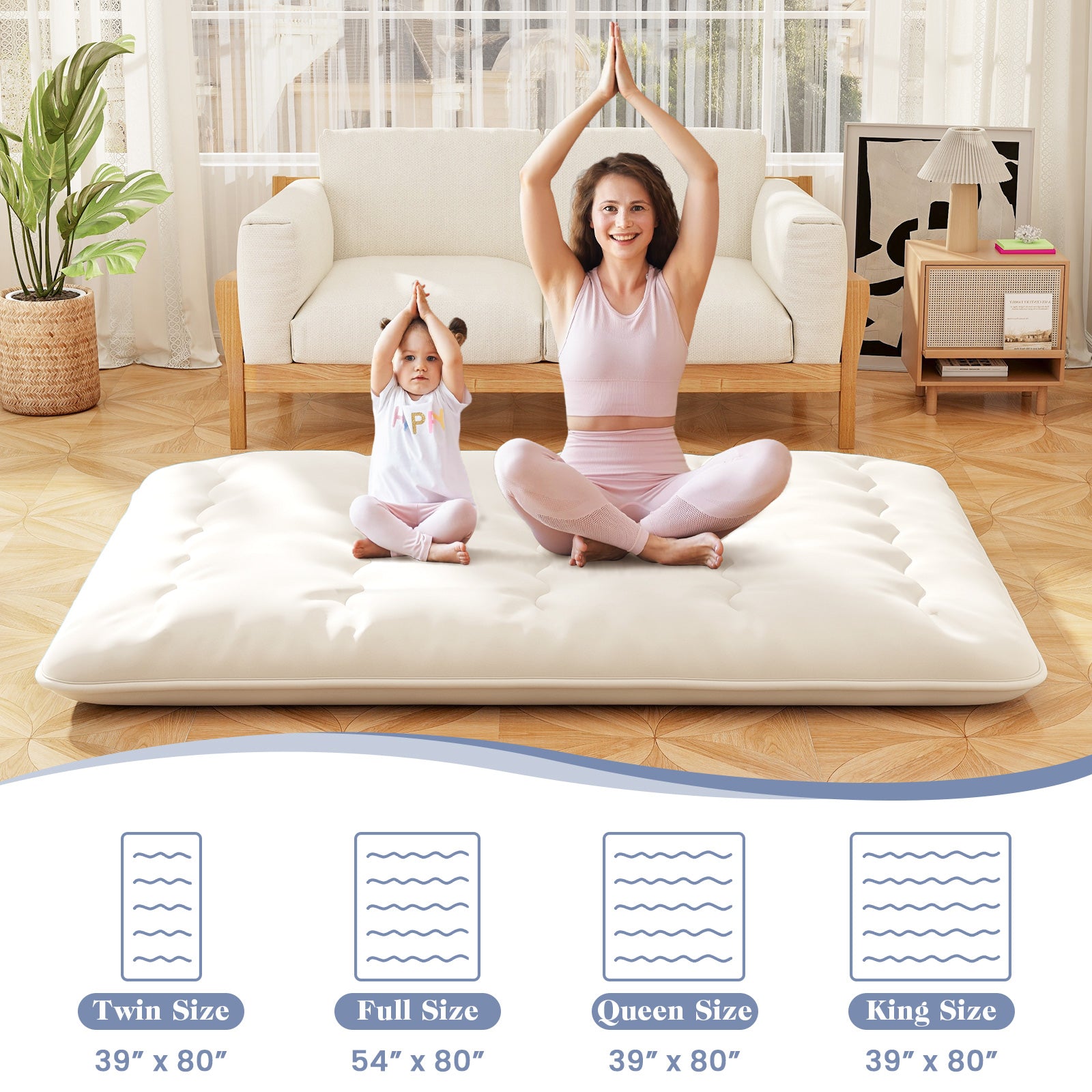 Queen/King/Twin/Full Futon Mattress Floor Sleeping Pad with Washable Cover Beige-Queen Size, Beige Mattresses at Gallery Canada