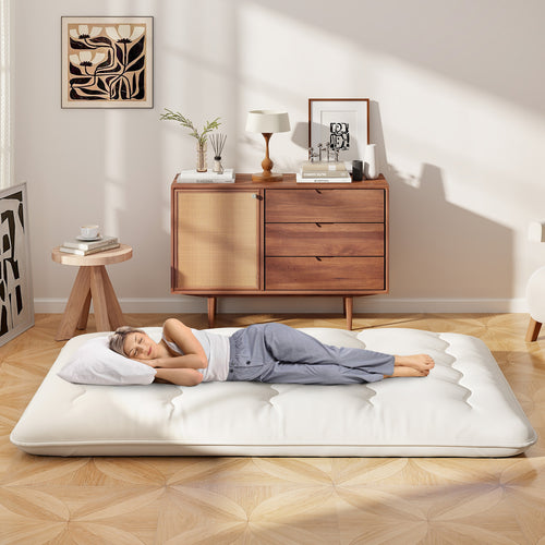 Queen/King/Twin/Full Futon Mattress Floor Sleeping Pad with Washable Cover Beige-Full Size, Beige