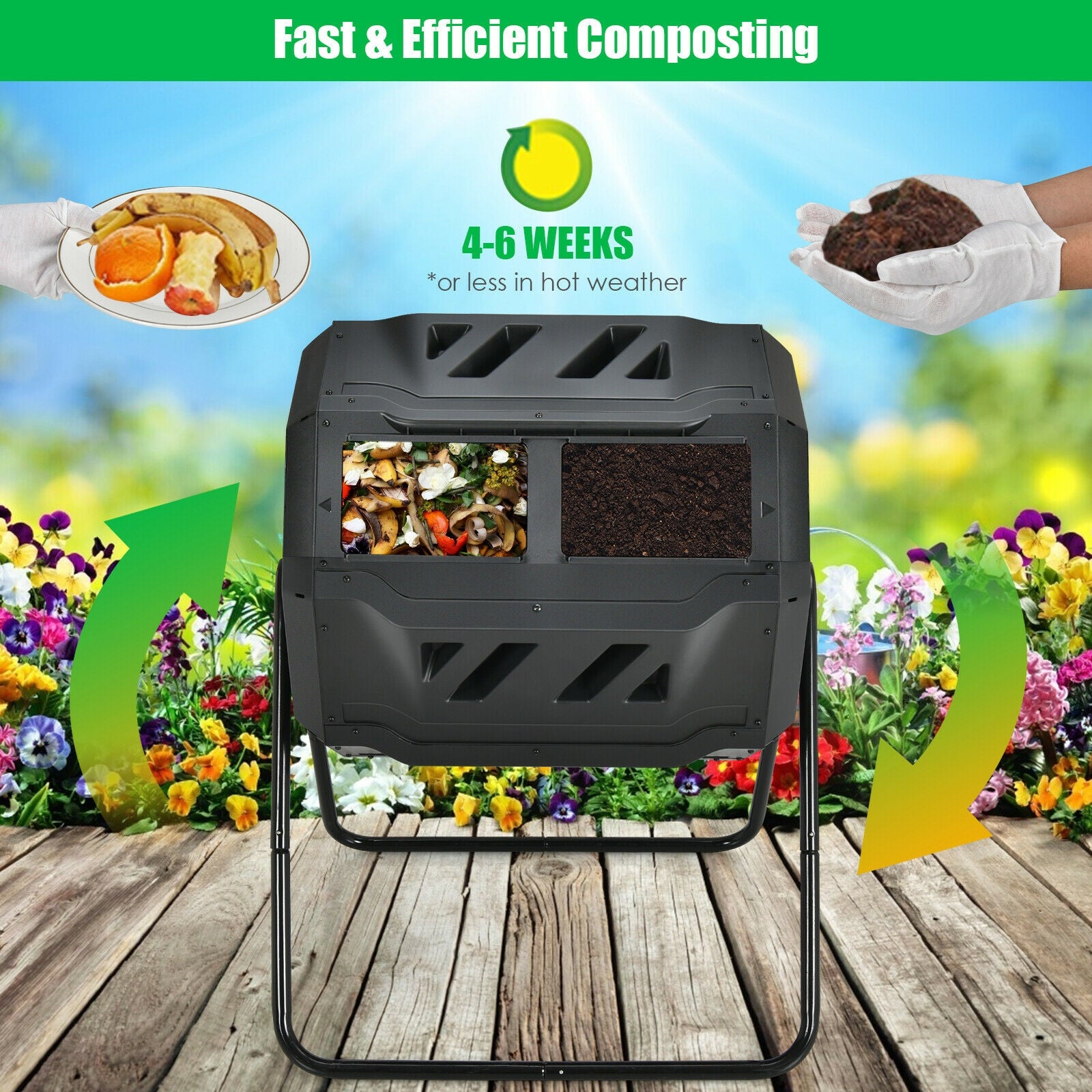 43 Gallon Composting Tumbler Compost Bin with Dual Rotating Chamber, Black Garden Tools at Gallery Canada