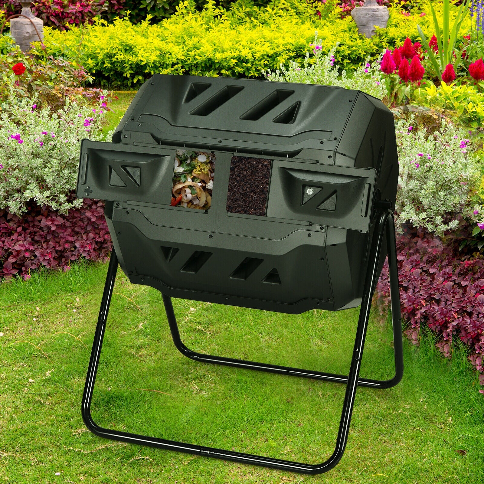 43 Gallon Composting Tumbler Compost Bin with Dual Rotating Chamber, Black Garden Tools at Gallery Canada