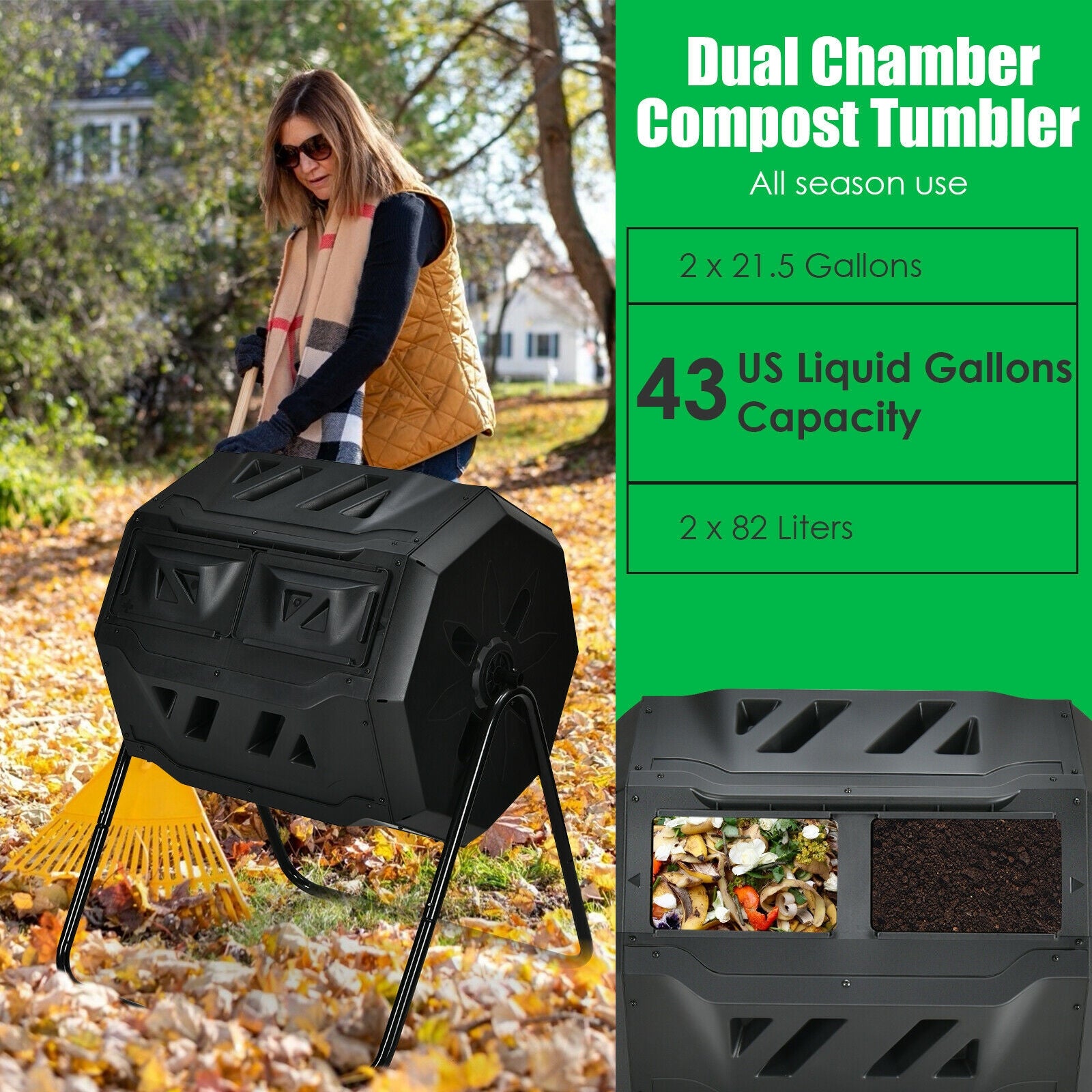 43 Gallon Composting Tumbler Compost Bin with Dual Rotating Chamber, Black Garden Tools at Gallery Canada