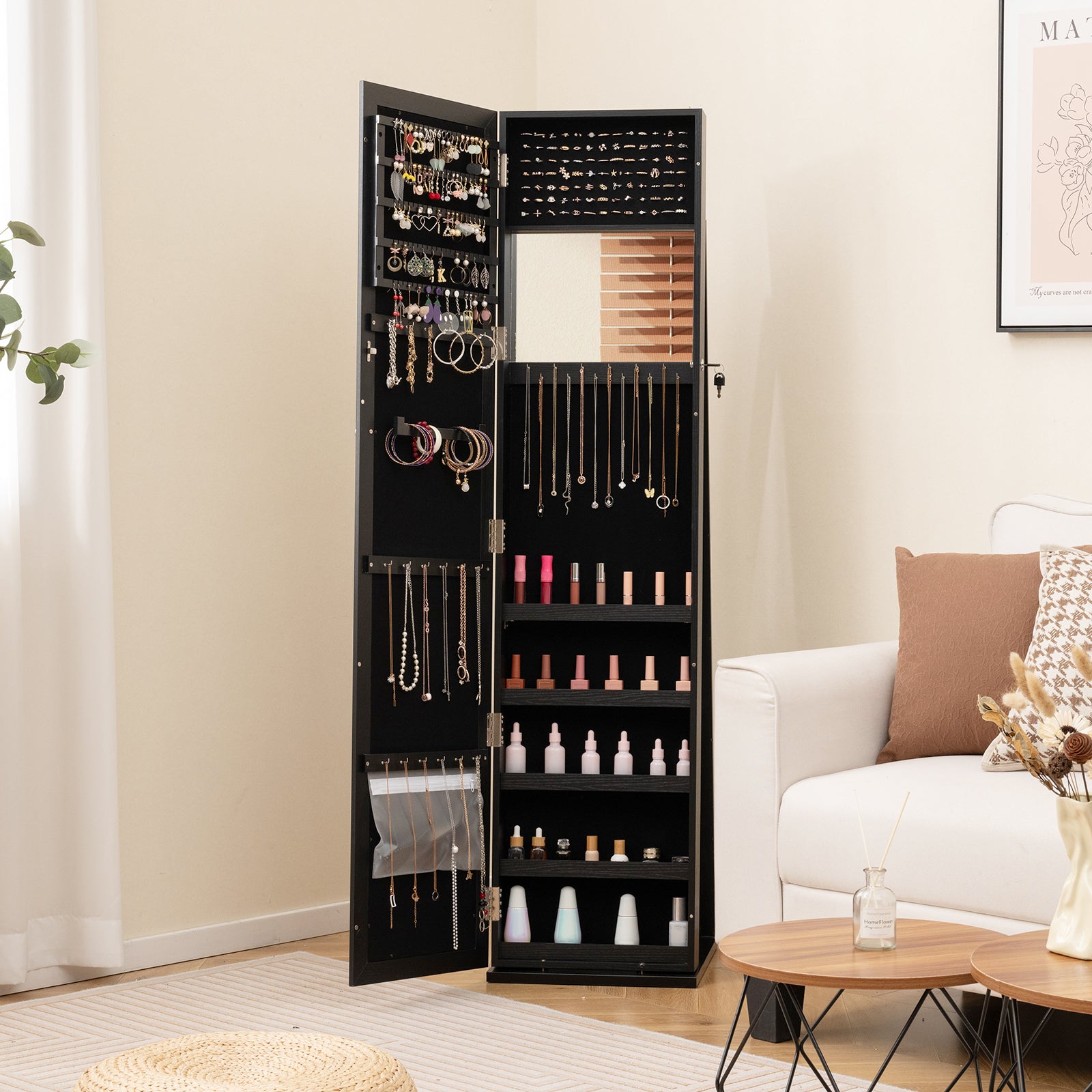 Standing Lockable Jewelry Storage Organizer with Full-Length Mirror, Black Jewelry Armoires   at Gallery Canada