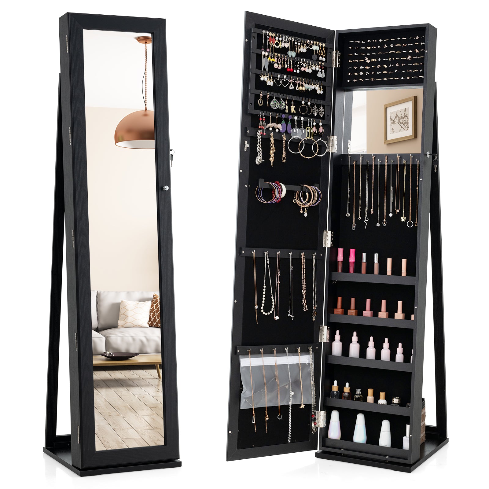 Standing Lockable Jewelry Storage Organizer with Full-Length Mirror, Black Jewelry Armoires Black  at Gallery Canada