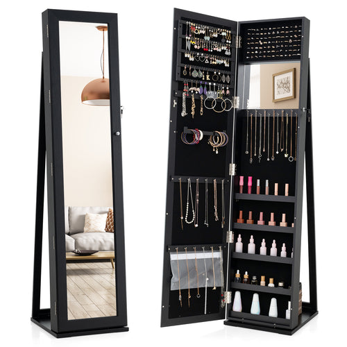 Standing Lockable Jewelry Storage Organizer with Full-Length Mirror, Black