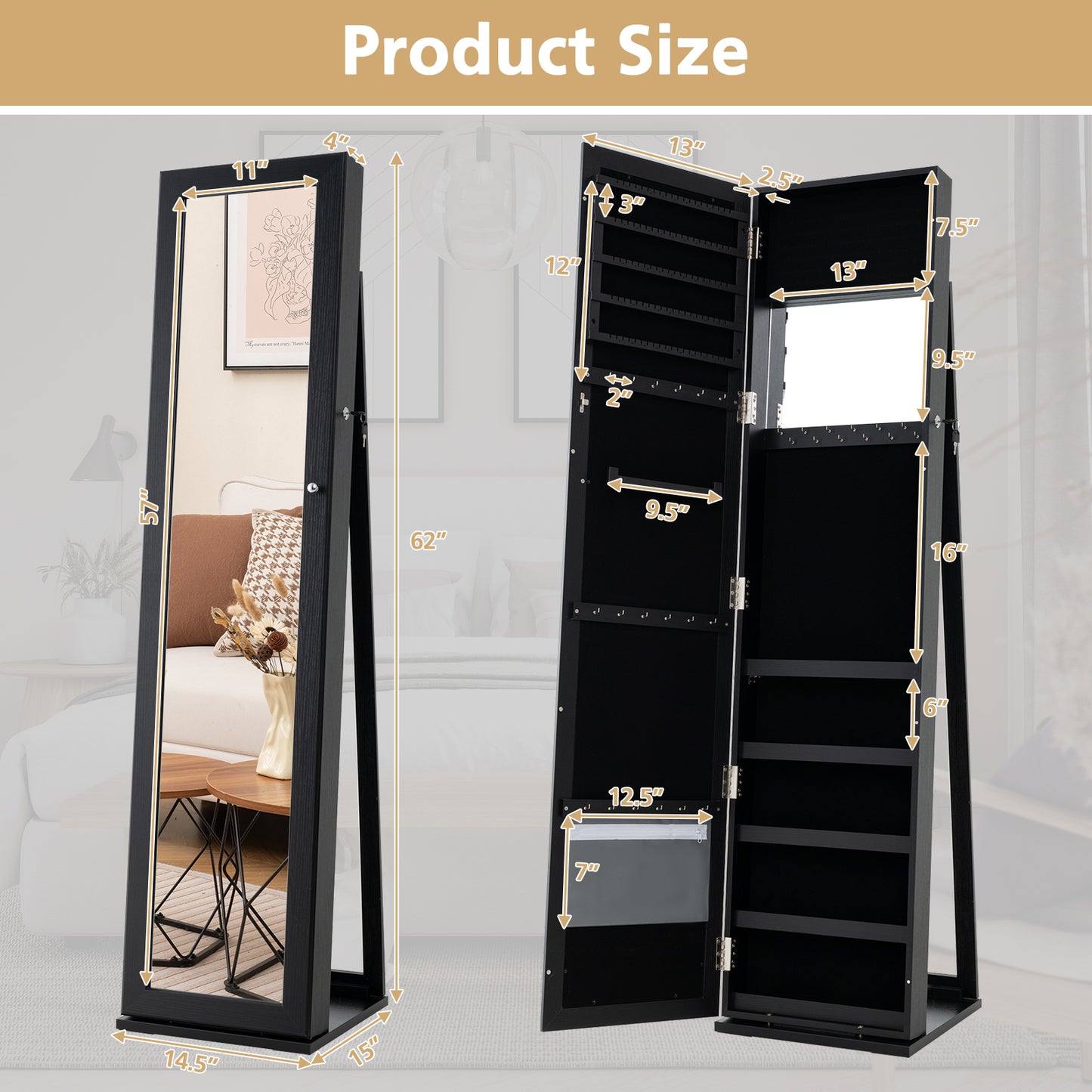 Standing Lockable Jewelry Storage Organizer with Full-Length Mirror, Black Jewelry Armoires   at Gallery Canada