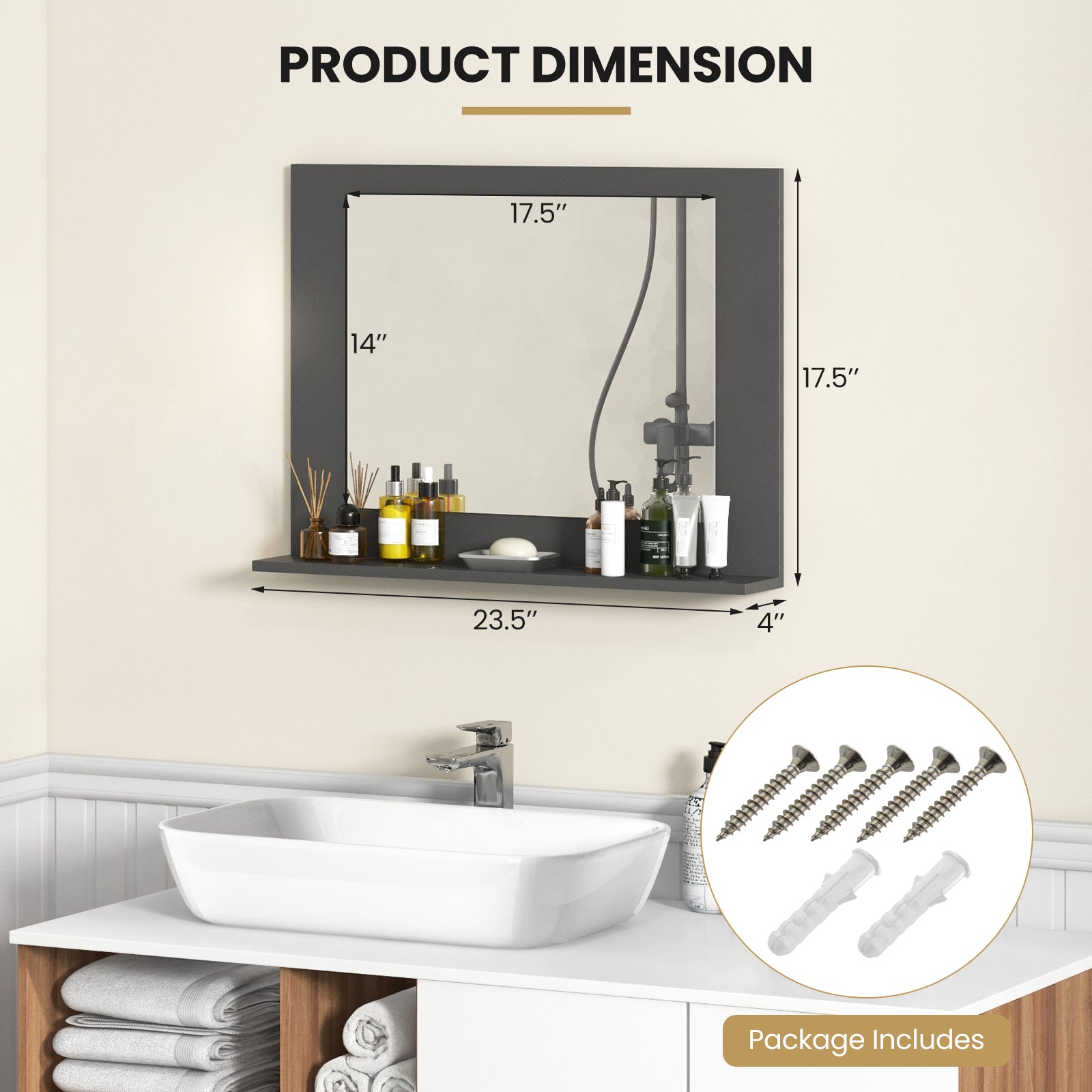Rectangle Bathroom Mirror with Shelf 23.5 x 17.5 Inch and Wood Frame, Gray Wall Mirrors at Gallery Canada