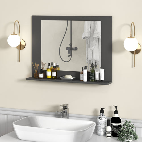 Rectangle Bathroom Mirror with Shelf 23.5 x 17.5 Inch and Wood Frame, Gray