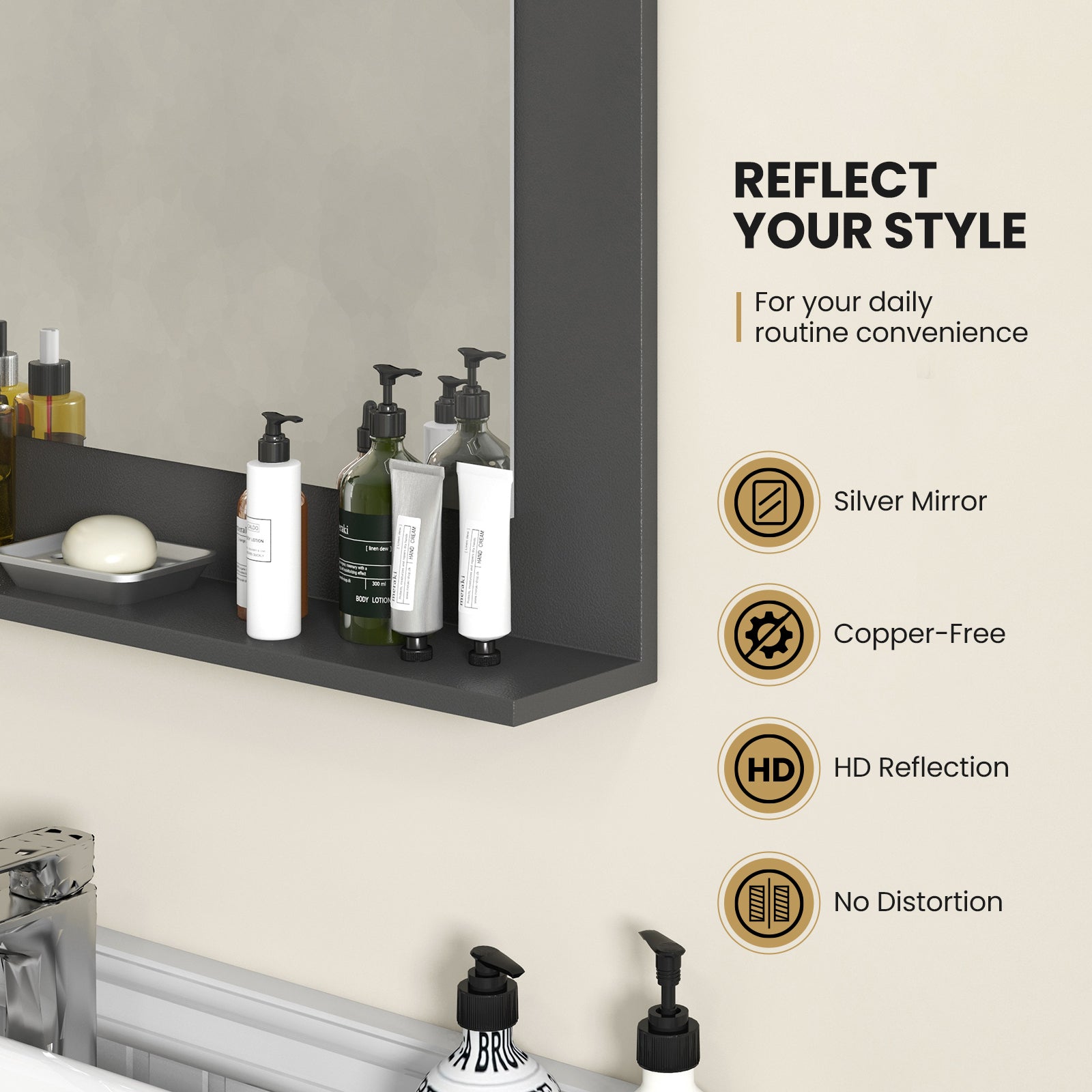 Rectangle Bathroom Mirror with Shelf 23.5 x 17.5 Inch and Wood Frame, Gray Wall Mirrors at Gallery Canada