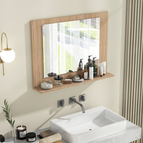 Rectangle Bathroom Mirror with Shelf 23.5 x 17.5 Inch and Wood Frame, Brown