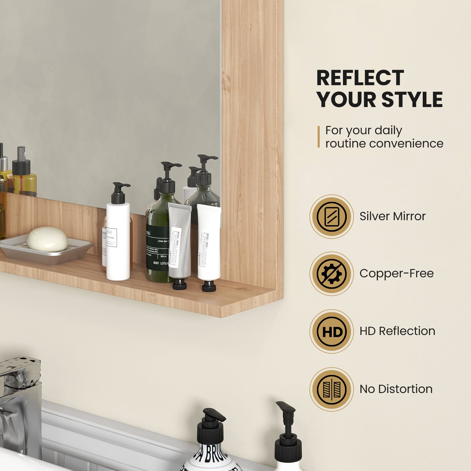 Rectangle Bathroom Mirror with Shelf 23.5 x 17.5 Inch and Wood Frame, Brown Wall Mirrors at Gallery Canada