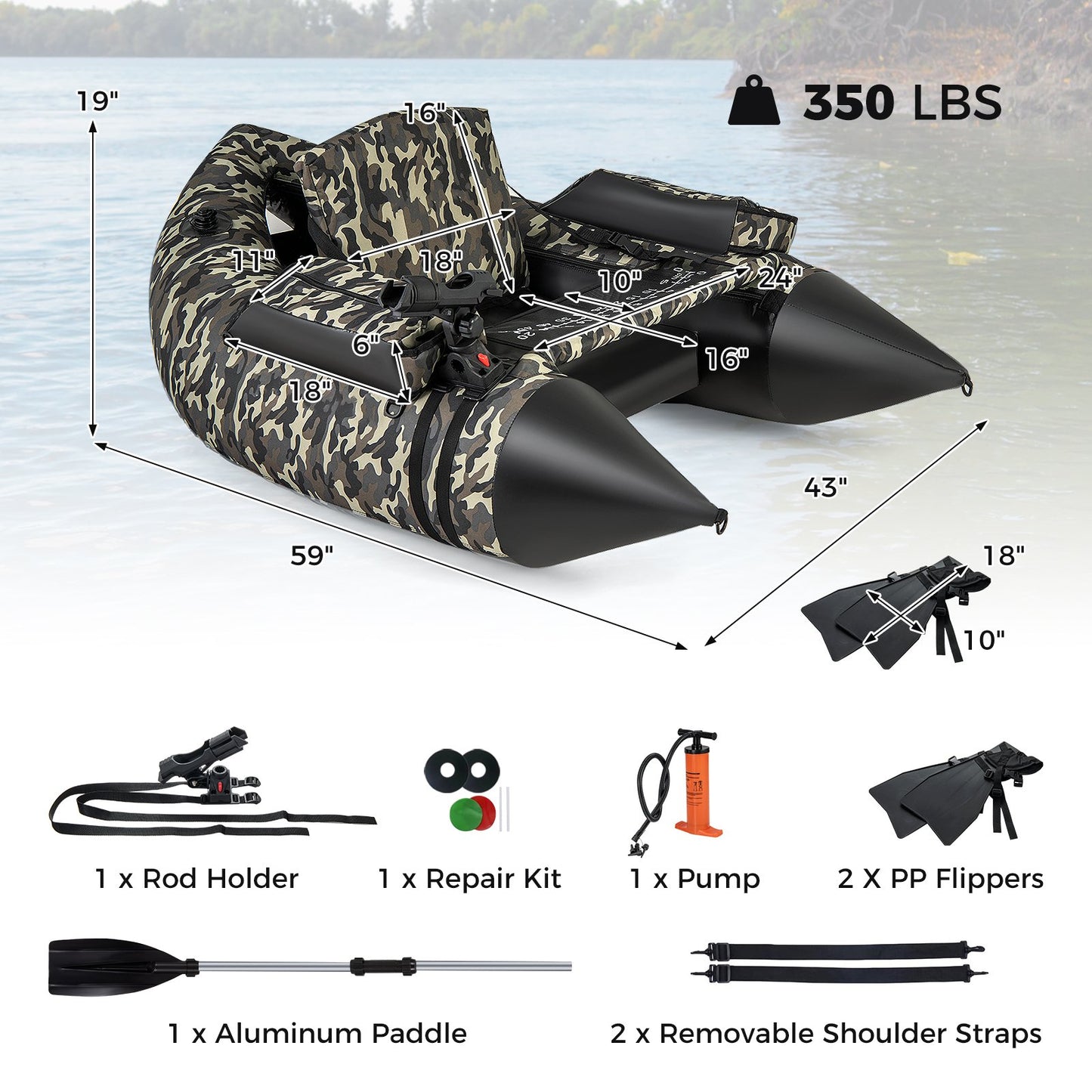 350 LBS Inflatable Fishing Float Tube with Adjustable Backrest and Backpack Straps, Camouflage Water Sports   at Gallery Canada