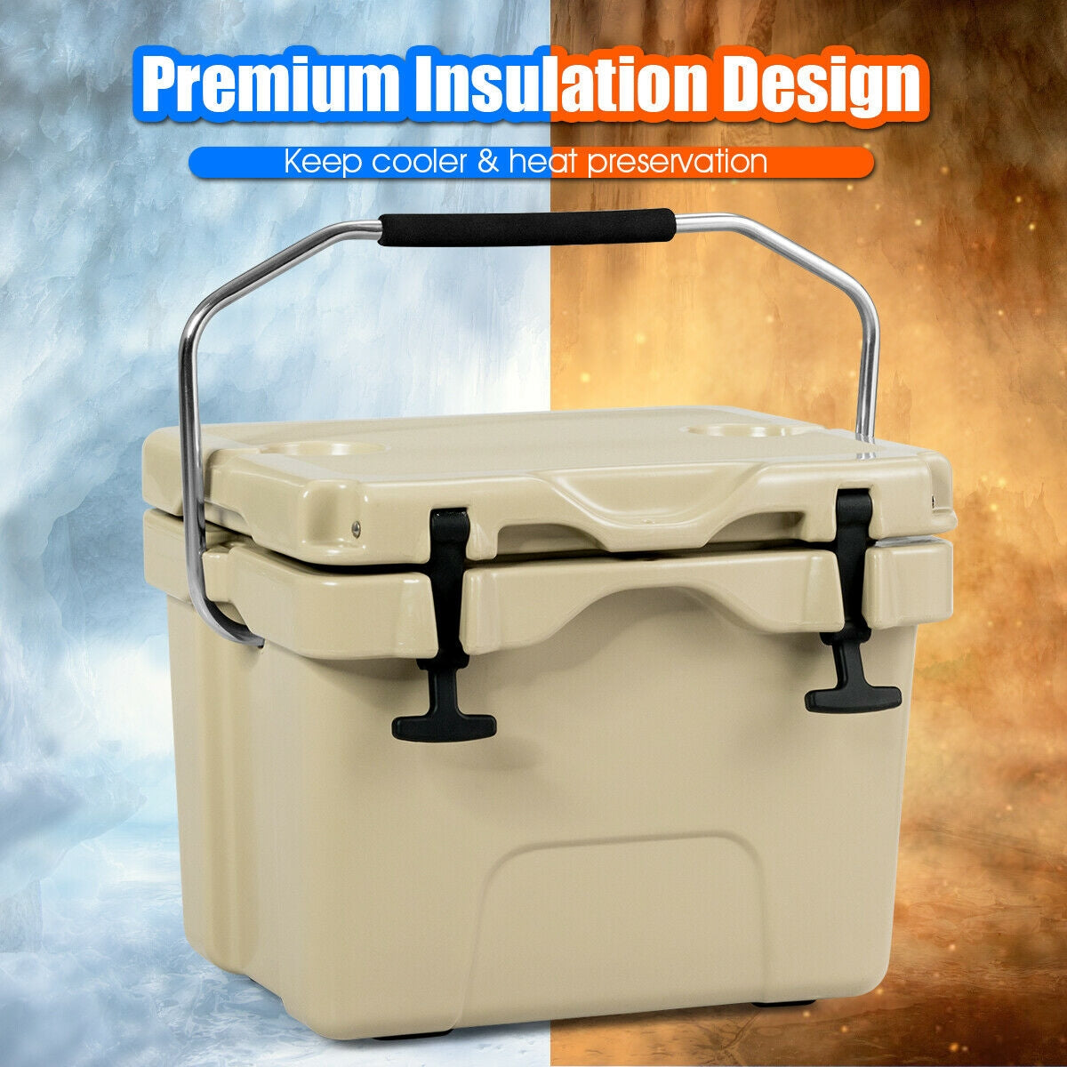 16 Quart 24-Can Capacity Insulated Ice Cooler with 2 Cup Holders, Khaki Wine & Beverage Coolers at Gallery Canada