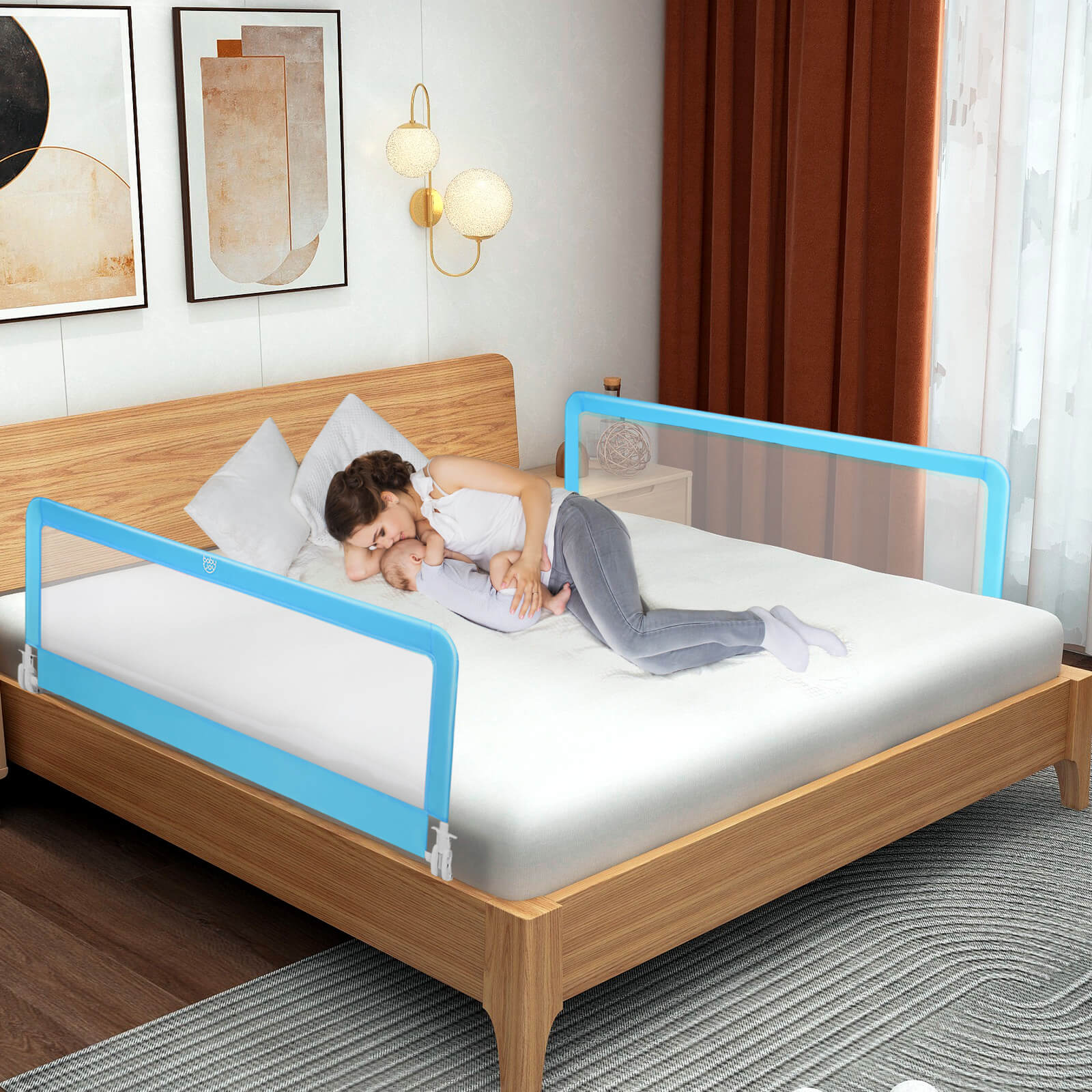 59 Inch Extra Long Folding Breathable Baby Children Toddlers Bed Rail Guard with Safety Strap, Blue Bed Rails at Gallery Canada