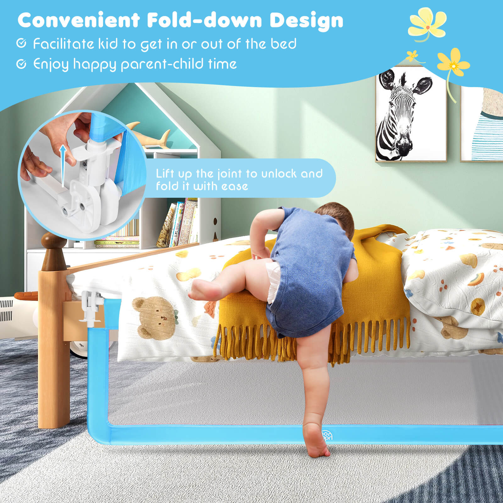 59 Inch Extra Long Folding Breathable Baby Children Toddlers Bed Rail Guard with Safety Strap, Blue Bed Rails at Gallery Canada