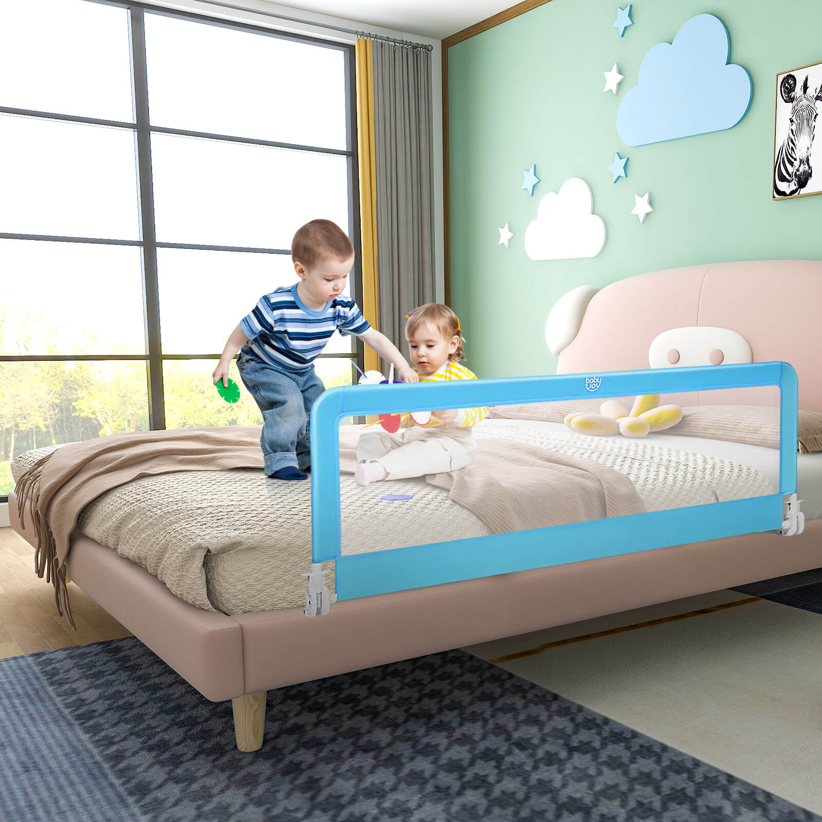 59 Inch Extra Long Folding Breathable Baby Children Toddlers Bed Rail Guard with Safety Strap, Blue Bed Rails at Gallery Canada