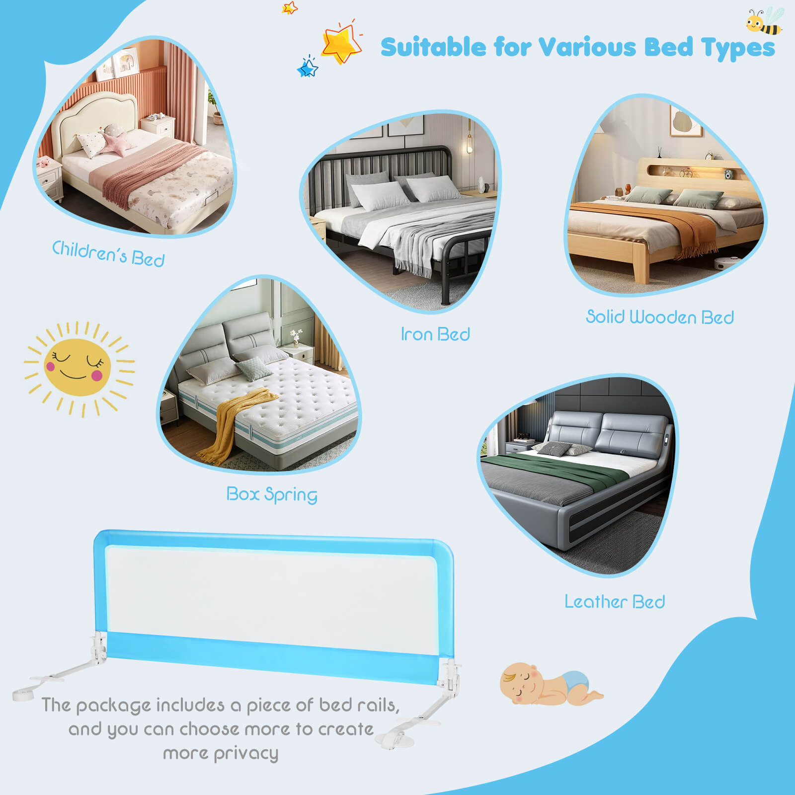 59 Inch Extra Long Folding Breathable Baby Children Toddlers Bed Rail Guard with Safety Strap, Blue Bed Rails at Gallery Canada