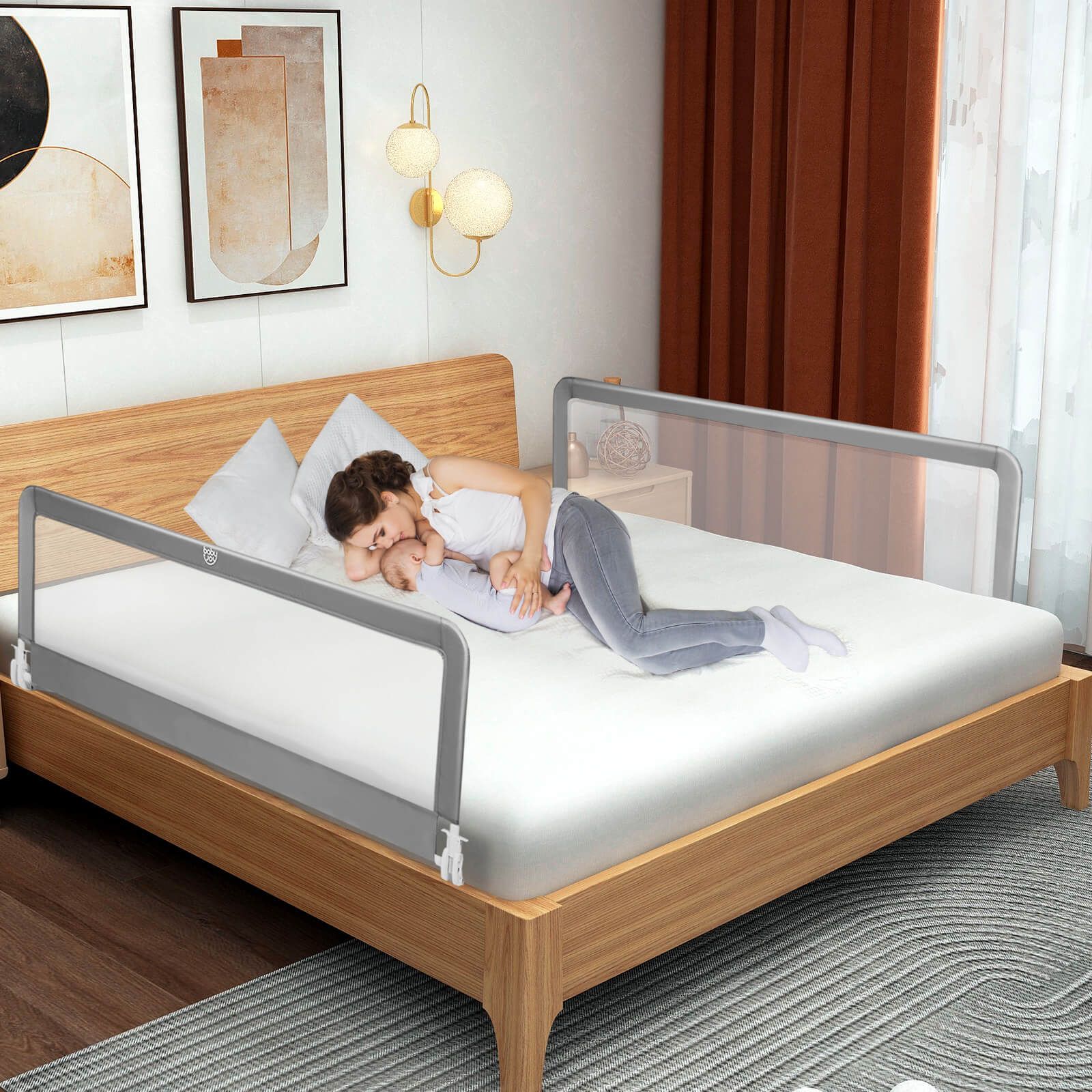 59 Inch Extra Long Folding Breathable Baby Children Toddlers Bed Rail Guard with Safety Strap, Gray Bed Rails at Gallery Canada