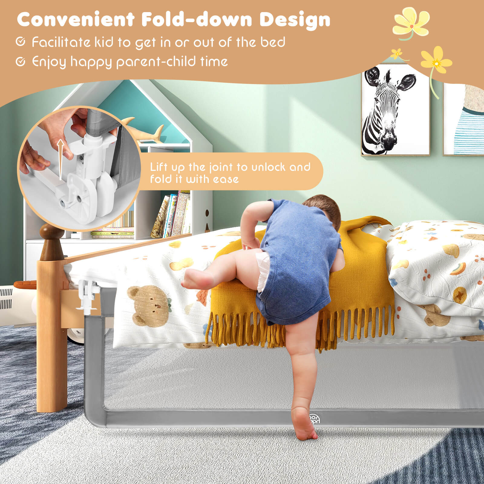 59 Inch Extra Long Folding Breathable Baby Children Toddlers Bed Rail Guard with Safety Strap, Gray Bed Rails at Gallery Canada