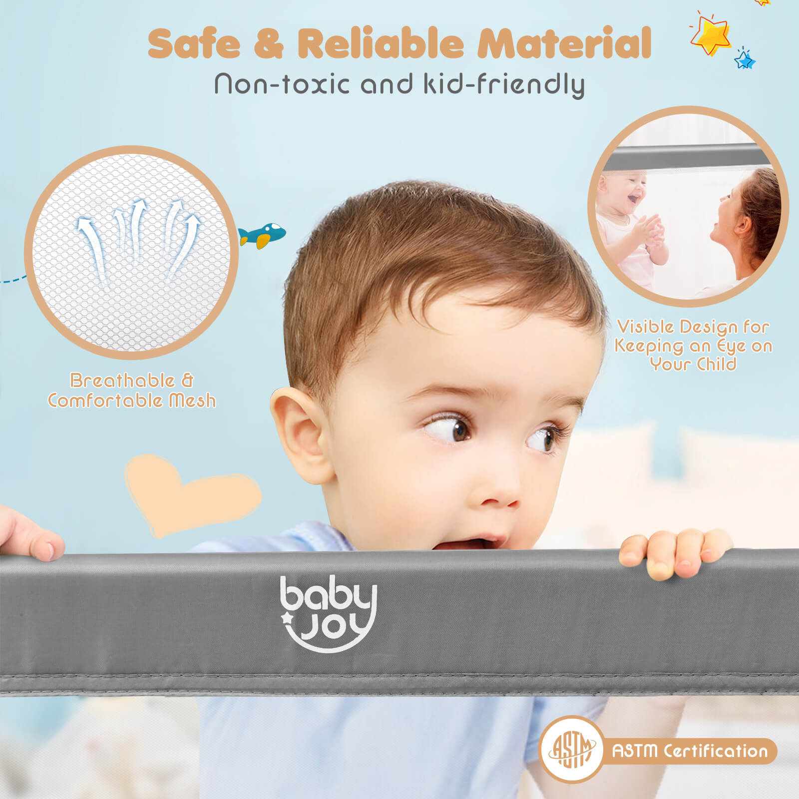 59 Inch Extra Long Folding Breathable Baby Children Toddlers Bed Rail Guard with Safety Strap, Gray Bed Rails at Gallery Canada