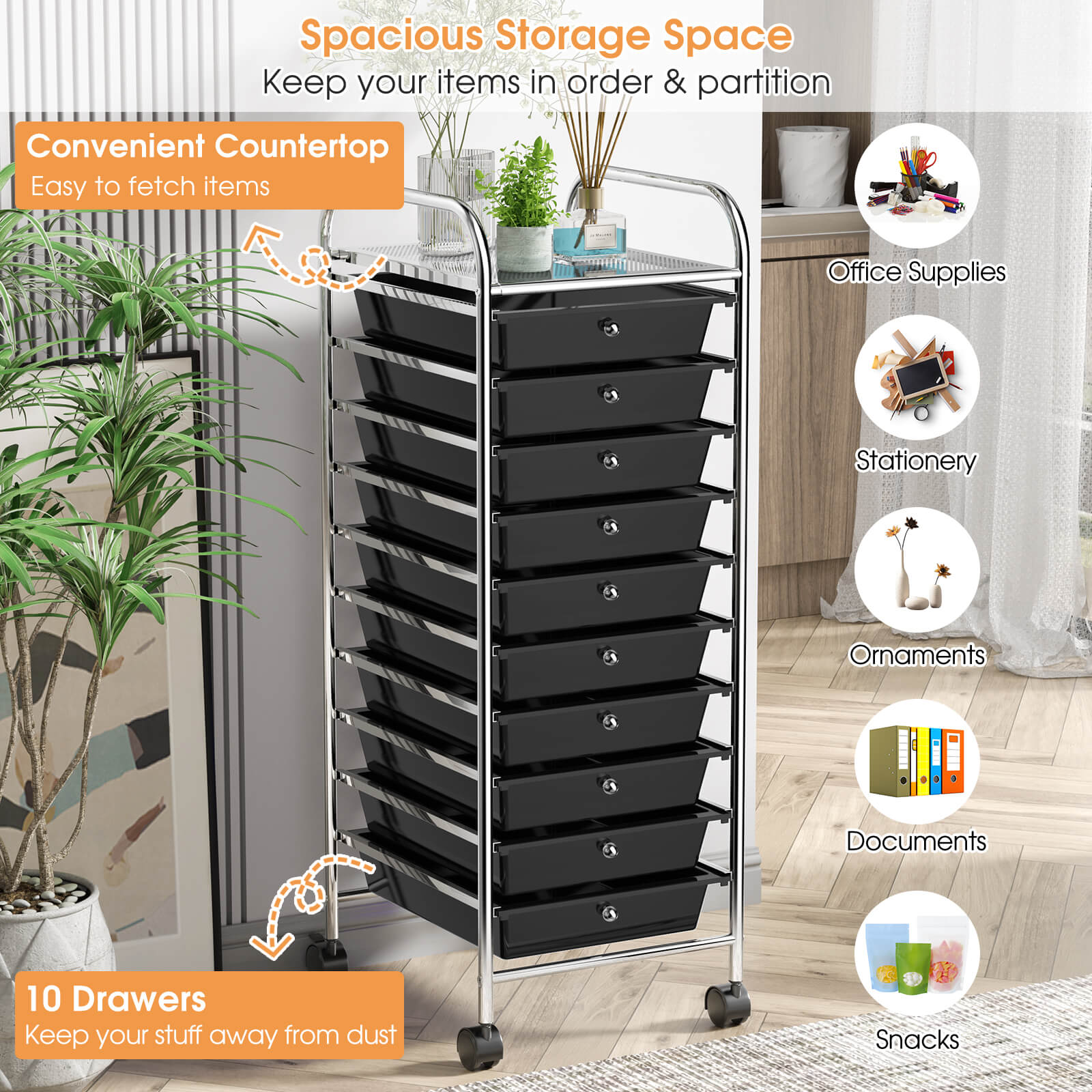 10 Drawer Rolling Storage Cart Organizer with 4 Universal Casters, Black File Cabinets at Gallery Canada