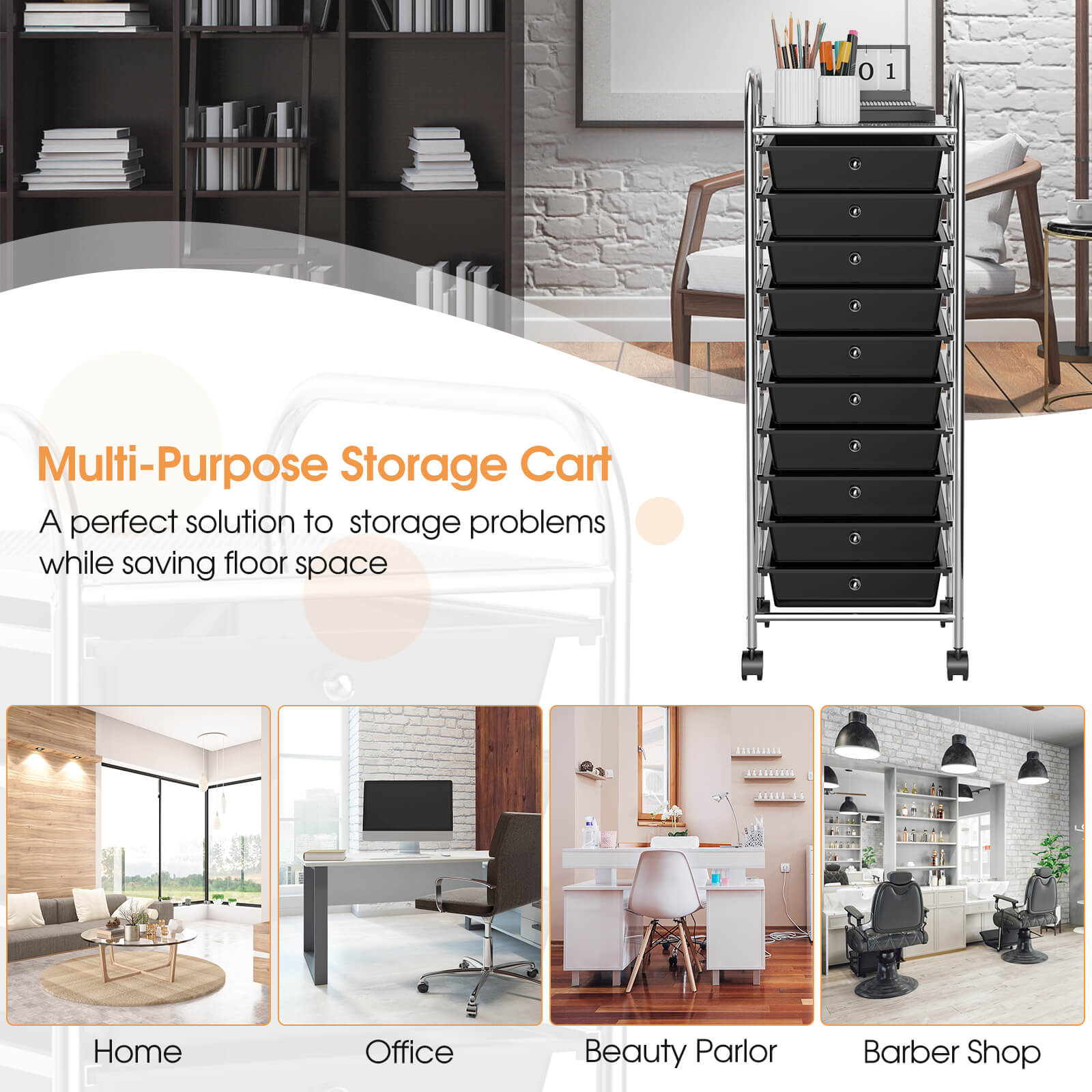 10 Drawer Rolling Storage Cart Organizer with 4 Universal Casters, Black File Cabinets at Gallery Canada