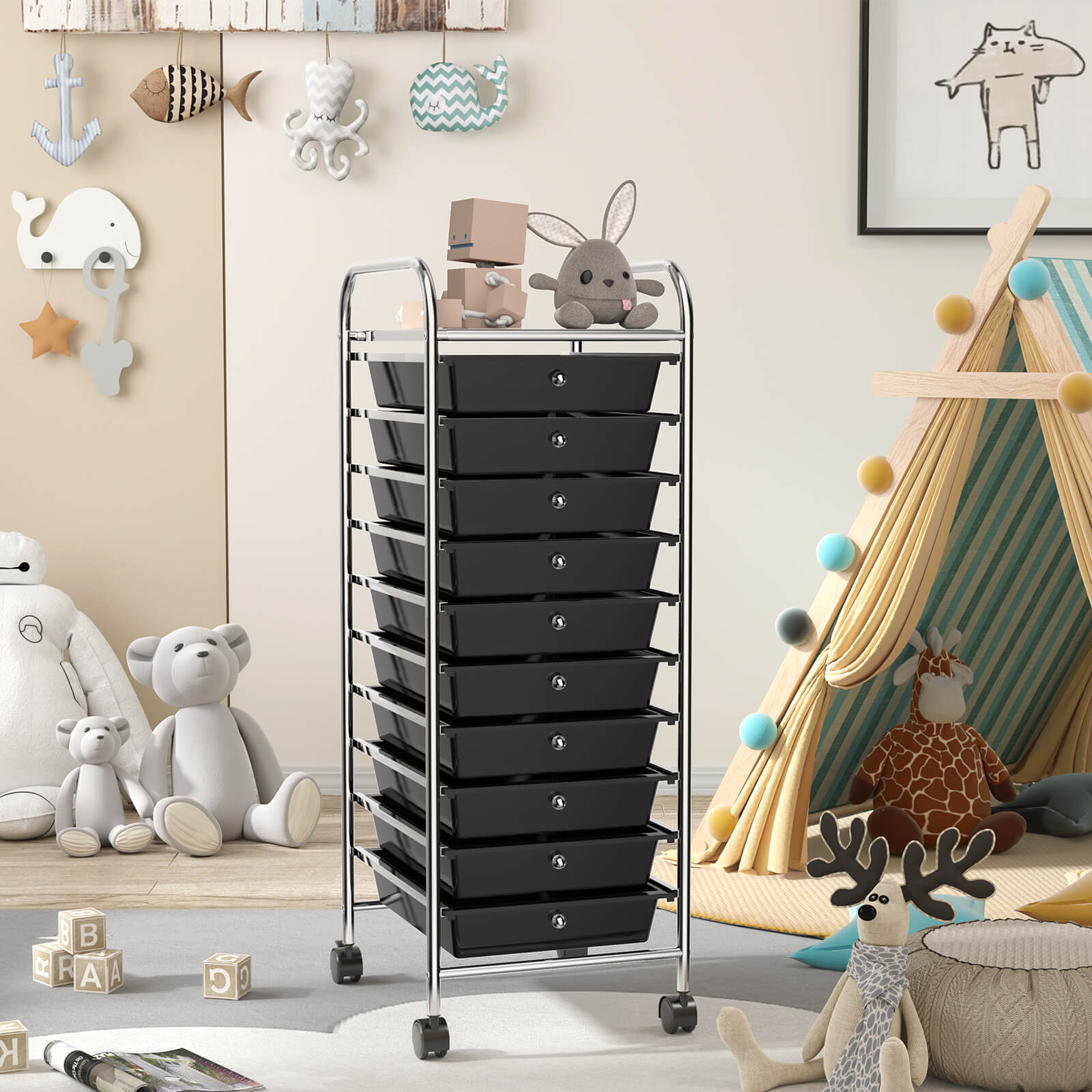 10 Drawer Rolling Storage Cart Organizer with 4 Universal Casters, Black File Cabinets at Gallery Canada