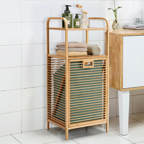 Tilt-out Bamboo Laundry Hamper  with 2-Tier Shelf and Removable Liner, Natural