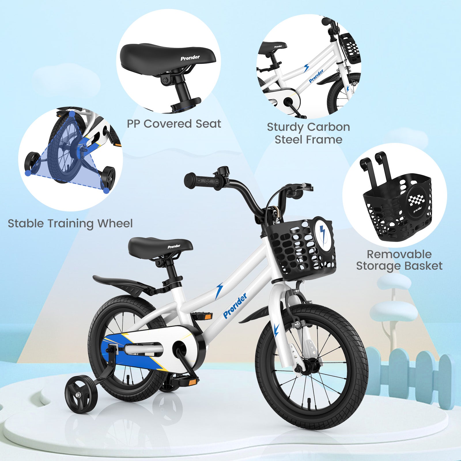 14 Inch Kids Bike Adjustable with 2 Training Wheels for 3-5 Years Old, White Kids Bike   at Gallery Canada