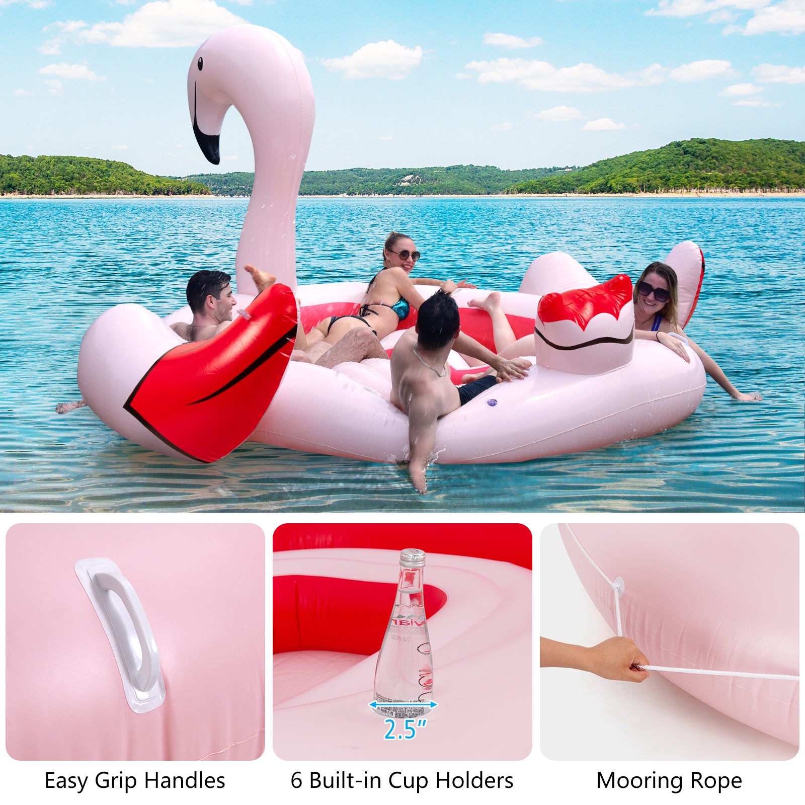 6 People Inflatable Flamingo Floating Island with 6 Cup Holders for Pool and River, Pink Swimming at Gallery Canada