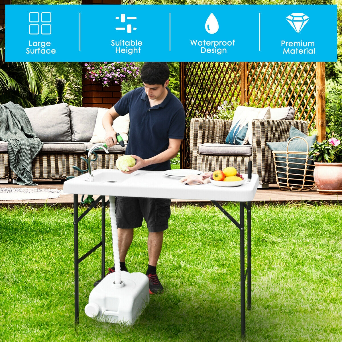 Folding Cleaning Sink Faucet Cutting Camping Table with Sprayer, White Camping Furniture at Gallery Canada