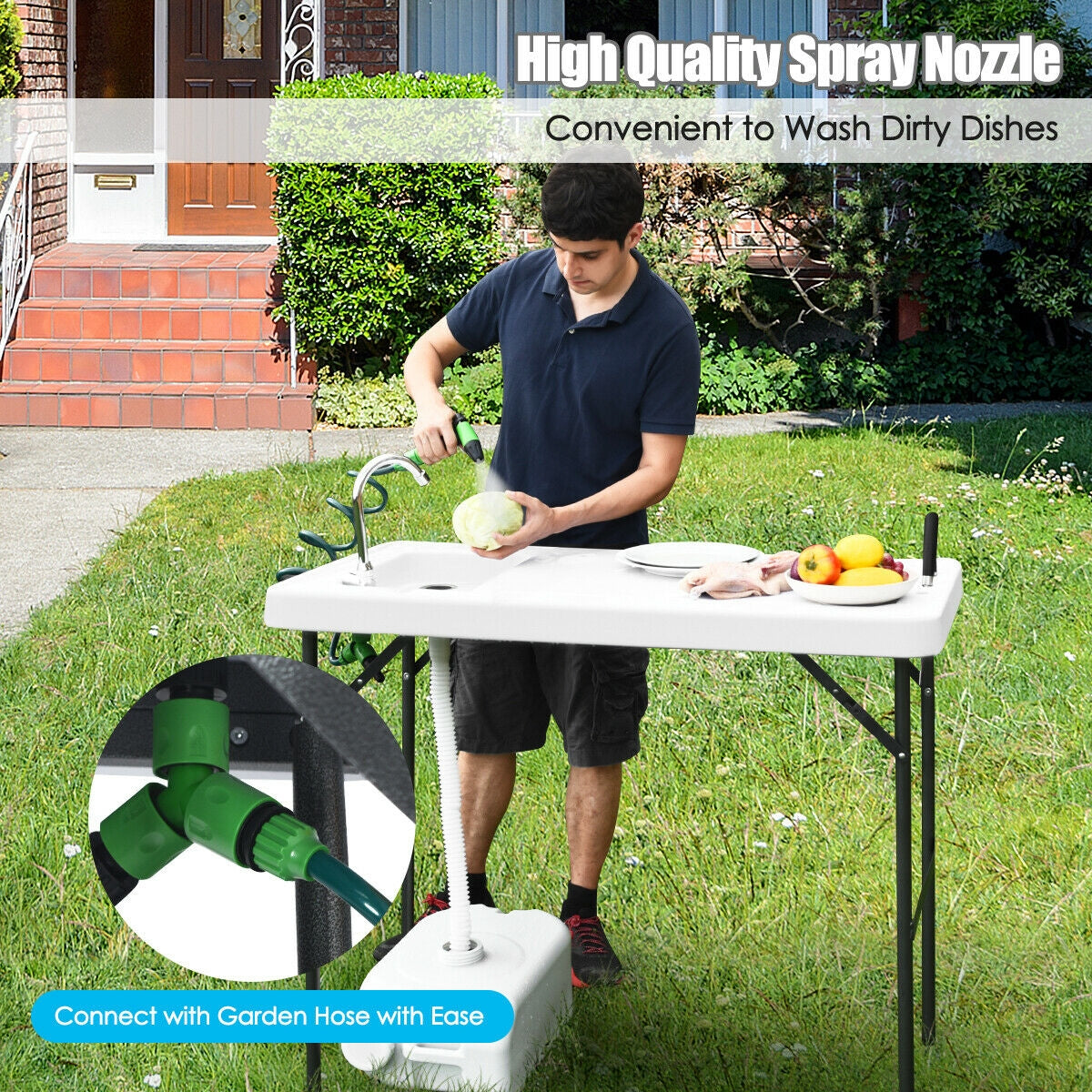 Folding Cleaning Sink Faucet Cutting Camping Table with Sprayer, White Camping Furniture at Gallery Canada