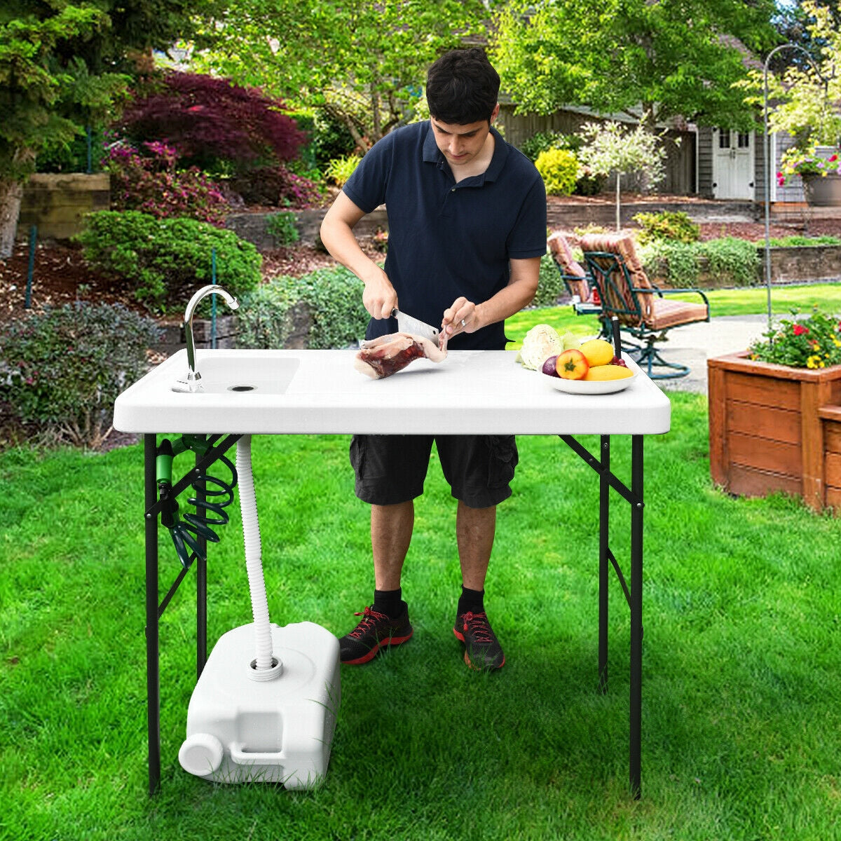 Folding Cleaning Sink Faucet Cutting Camping Table with Sprayer, White Camping Furniture at Gallery Canada