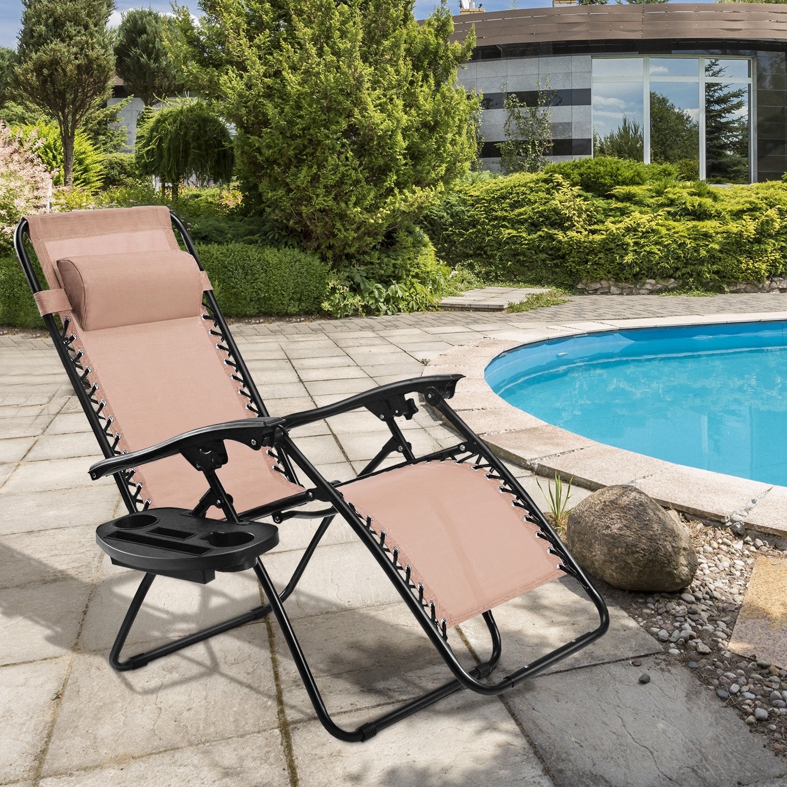 Outdoor Folding Zero Gravity Reclining Lounge Chair with Utility Tray, Beige Beach & Lawn Chairs at Gallery Canada