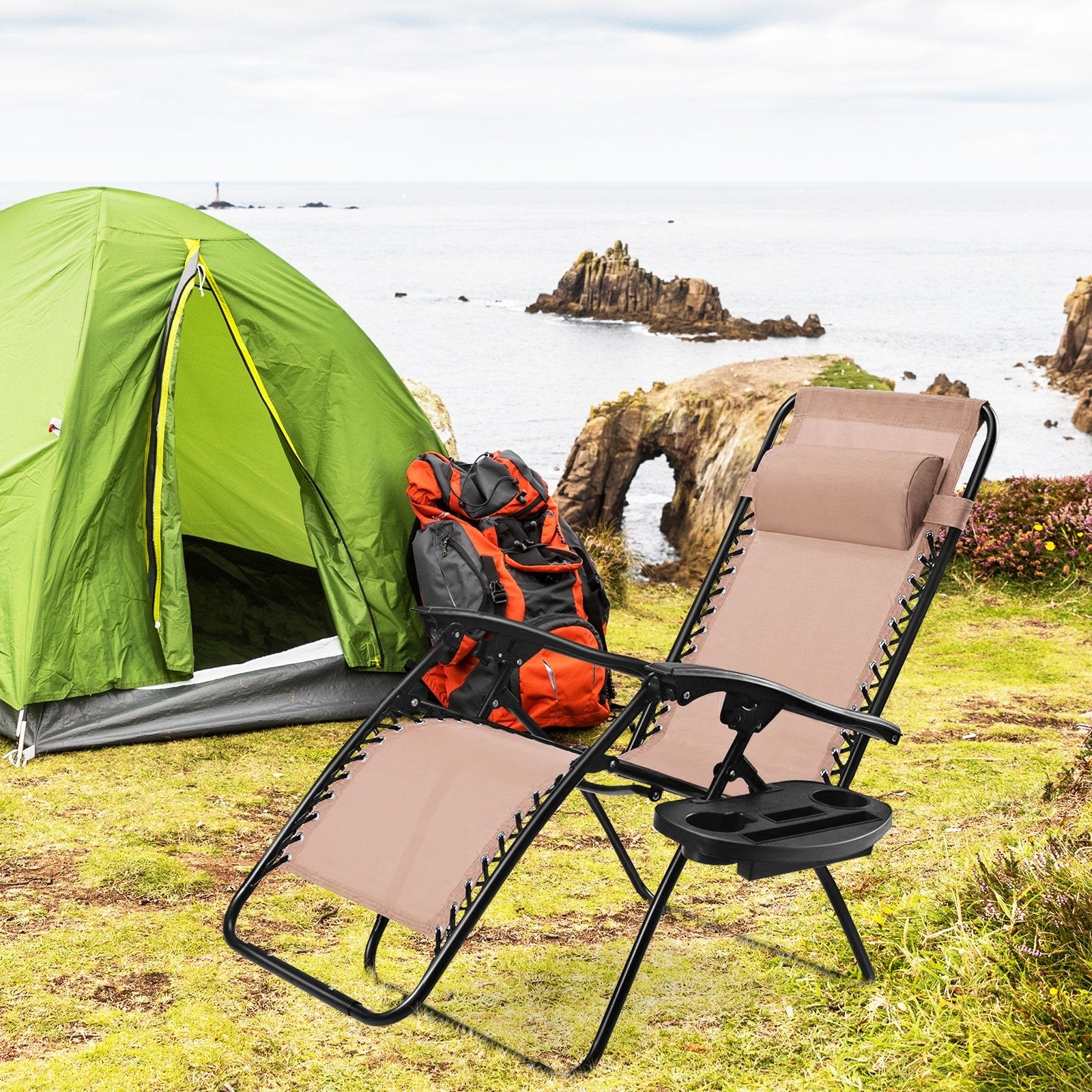 Outdoor Folding Zero Gravity Reclining Lounge Chair with Utility Tray, Beige Beach & Lawn Chairs at Gallery Canada