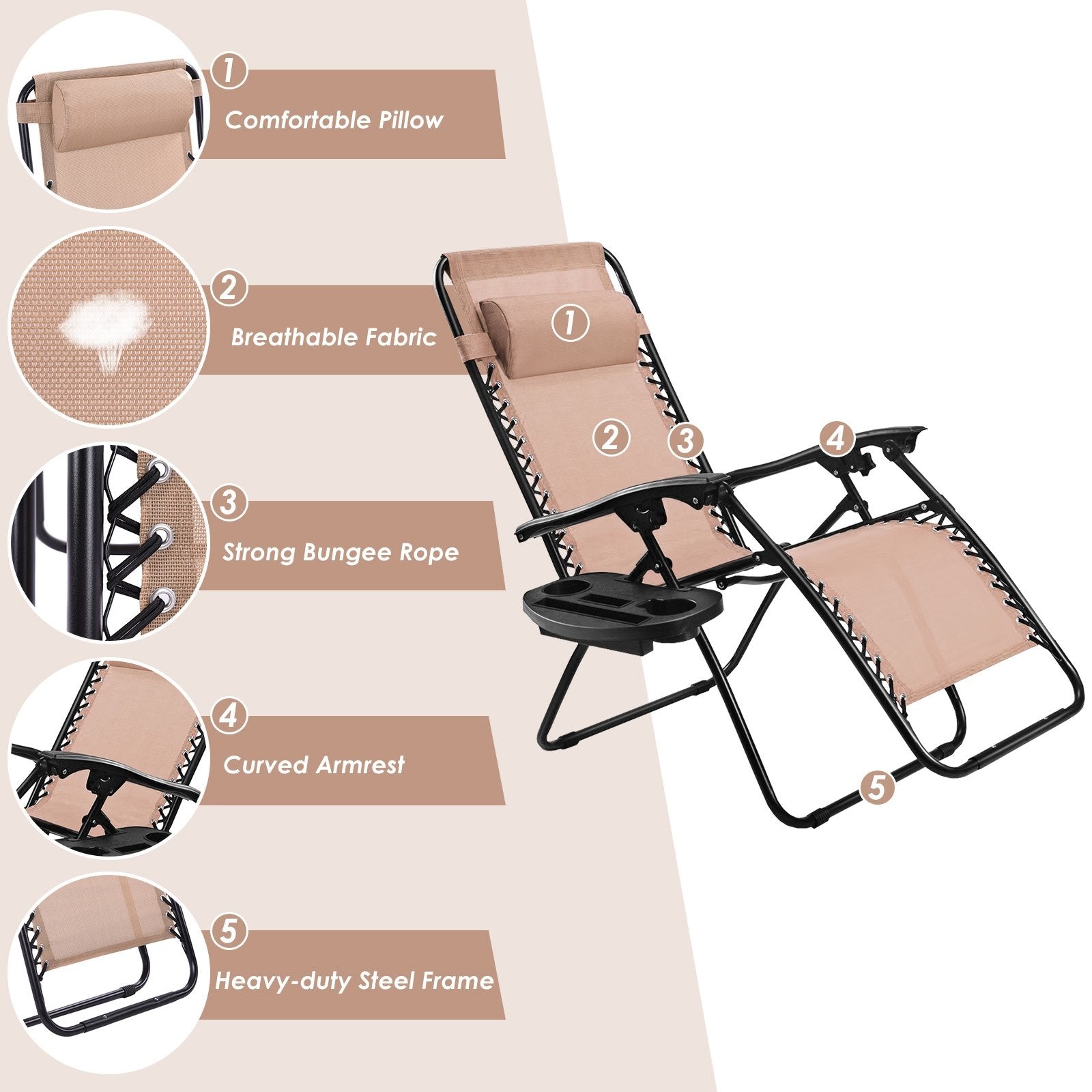 Outdoor Folding Zero Gravity Reclining Lounge Chair with Utility Tray, Beige Beach & Lawn Chairs at Gallery Canada