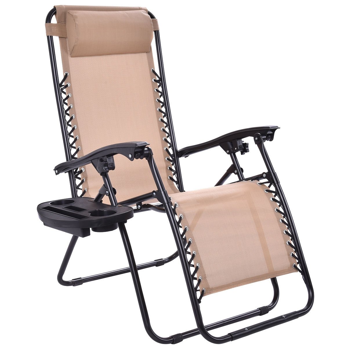 Outdoor Folding Zero Gravity Reclining Lounge Chair with Utility Tray, Beige Beach & Lawn Chairs Beige at Gallery Canada