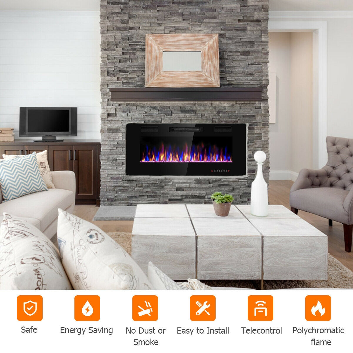 42 Inch Recessed Ultra Thin Electric Fireplace with Timer, Black Fireplaces at Gallery Canada