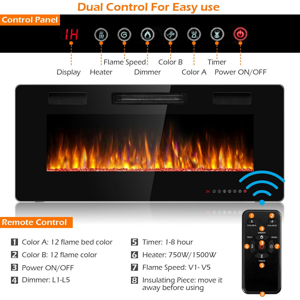 42 Inch Recessed Ultra Thin Electric Fireplace with Timer, Black Fireplaces at Gallery Canada